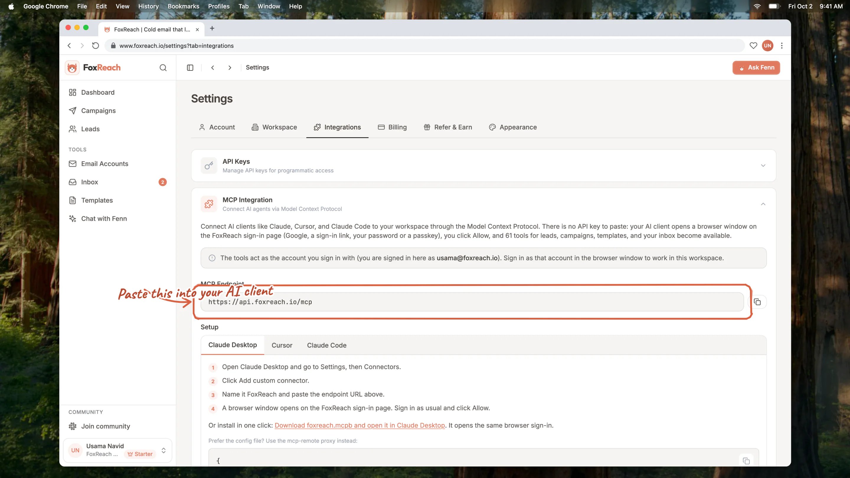 The MCP Integration section under Settings > Integrations, with the endpoint and the per-client setup steps