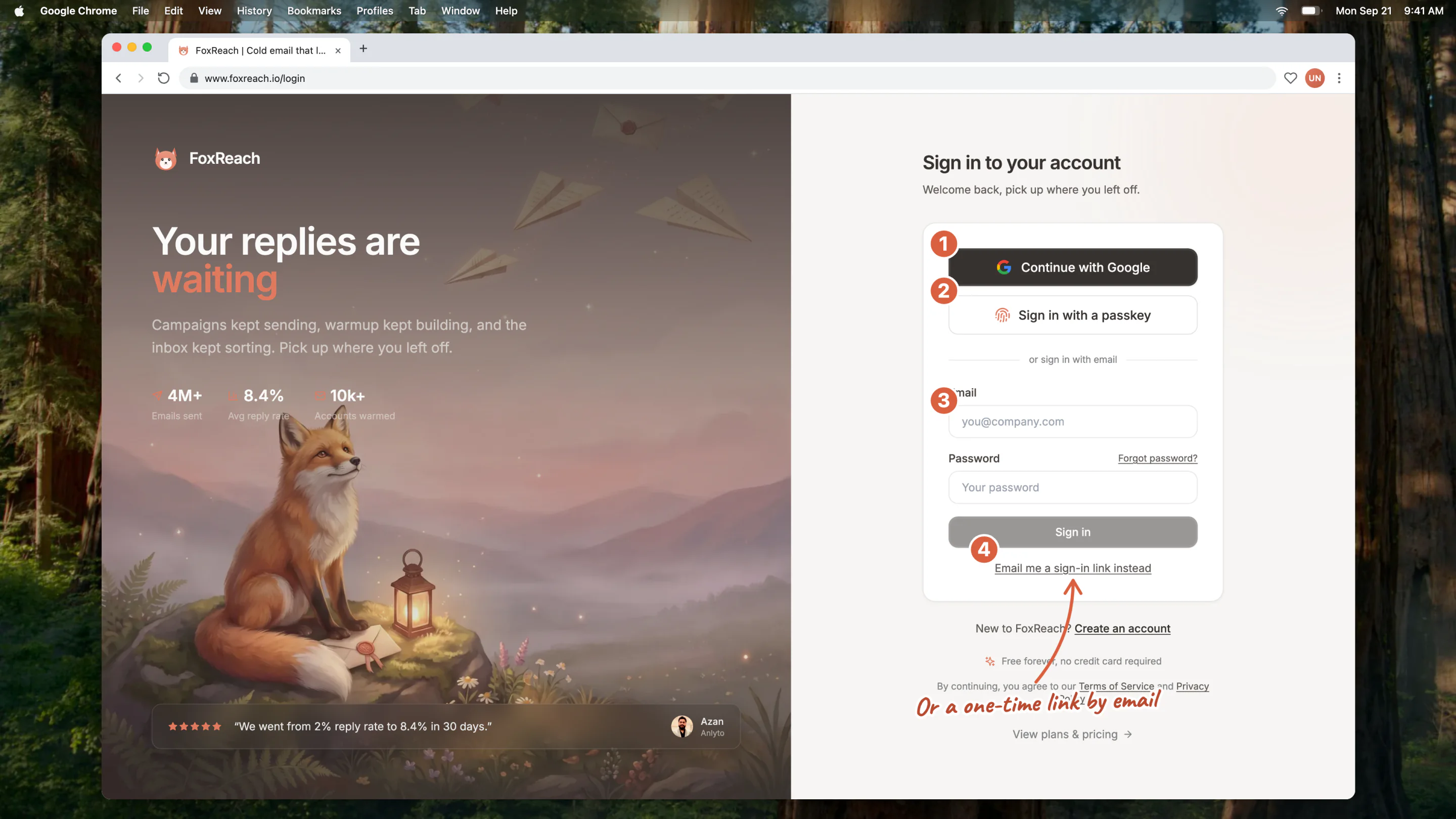 The sign-in page with the four ways in: Continue with Google, Sign in with a passkey, email and password, and a one-time sign-in link