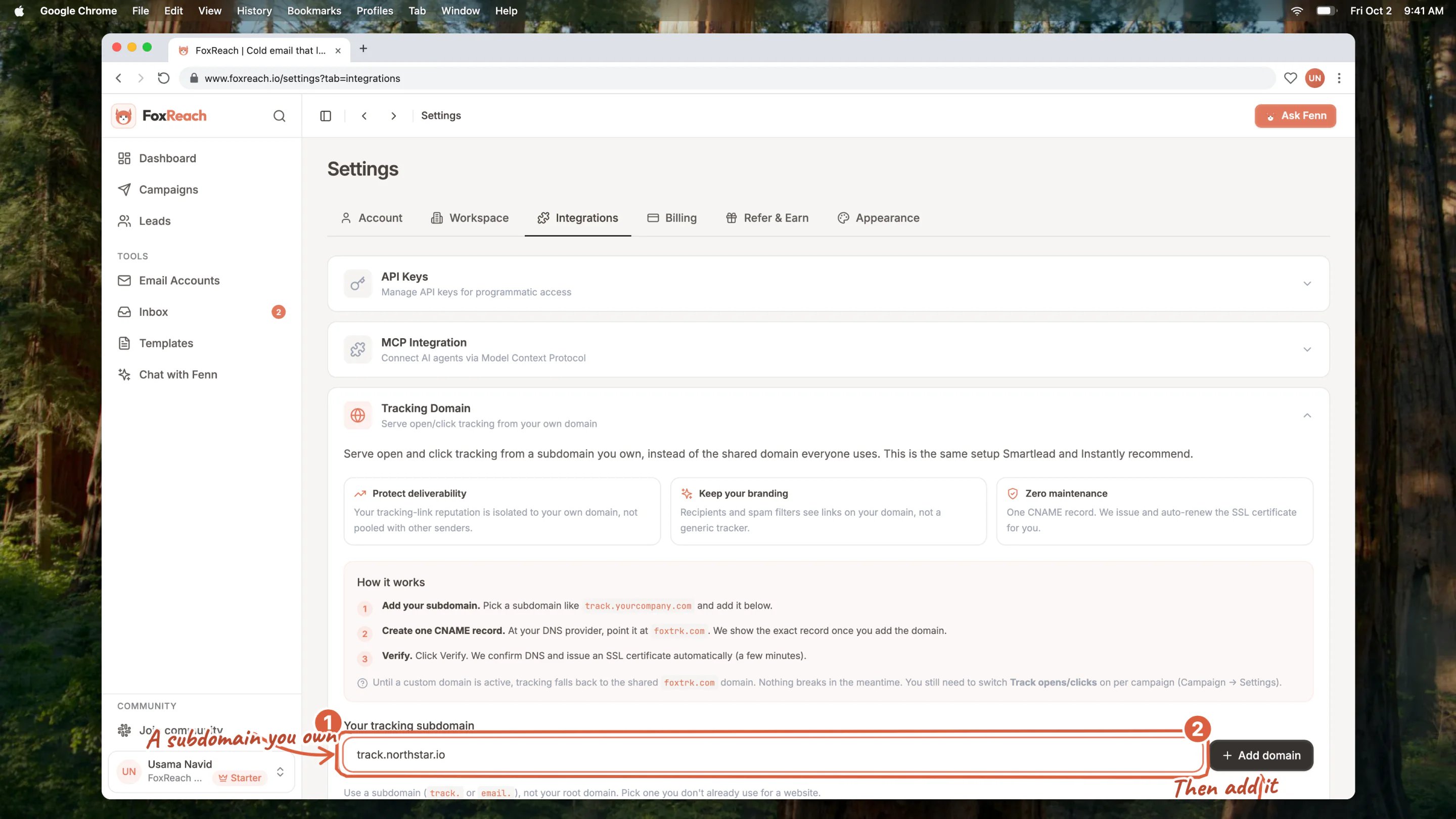 The Tracking Domain section under Settings > Integrations with a subdomain typed into the box and the Add domain button