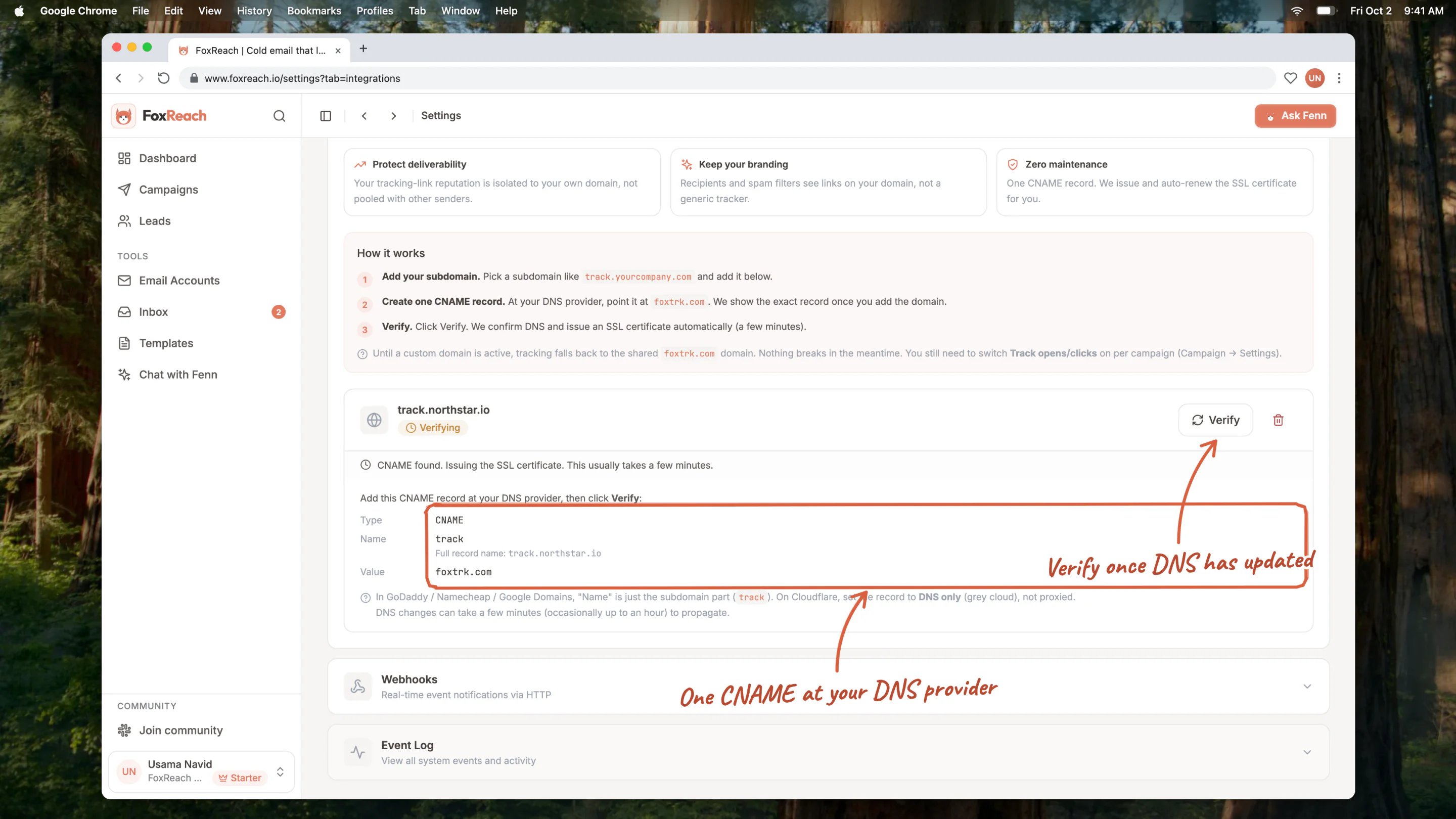 The domain card after adding track.northstar.io: status Verifying, the CNAME record to create, and the Verify button