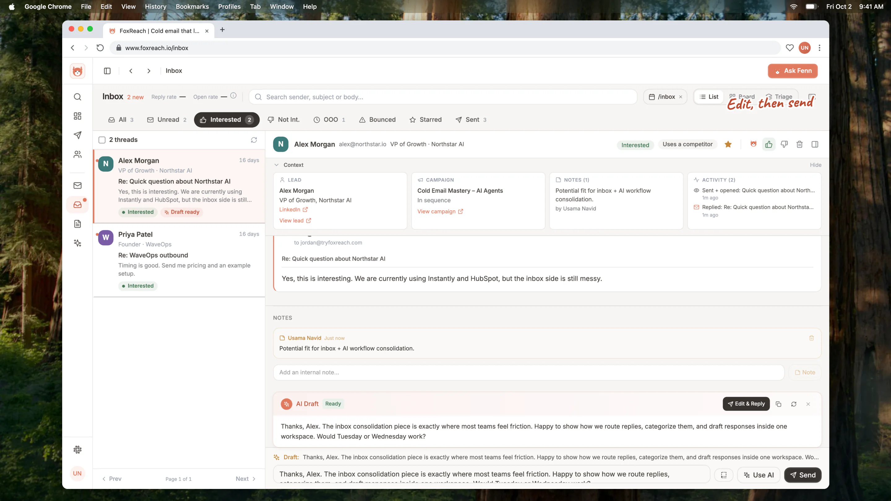 The reply composer with the AI draft loaded after clicking Use AI, ready to edit or send.