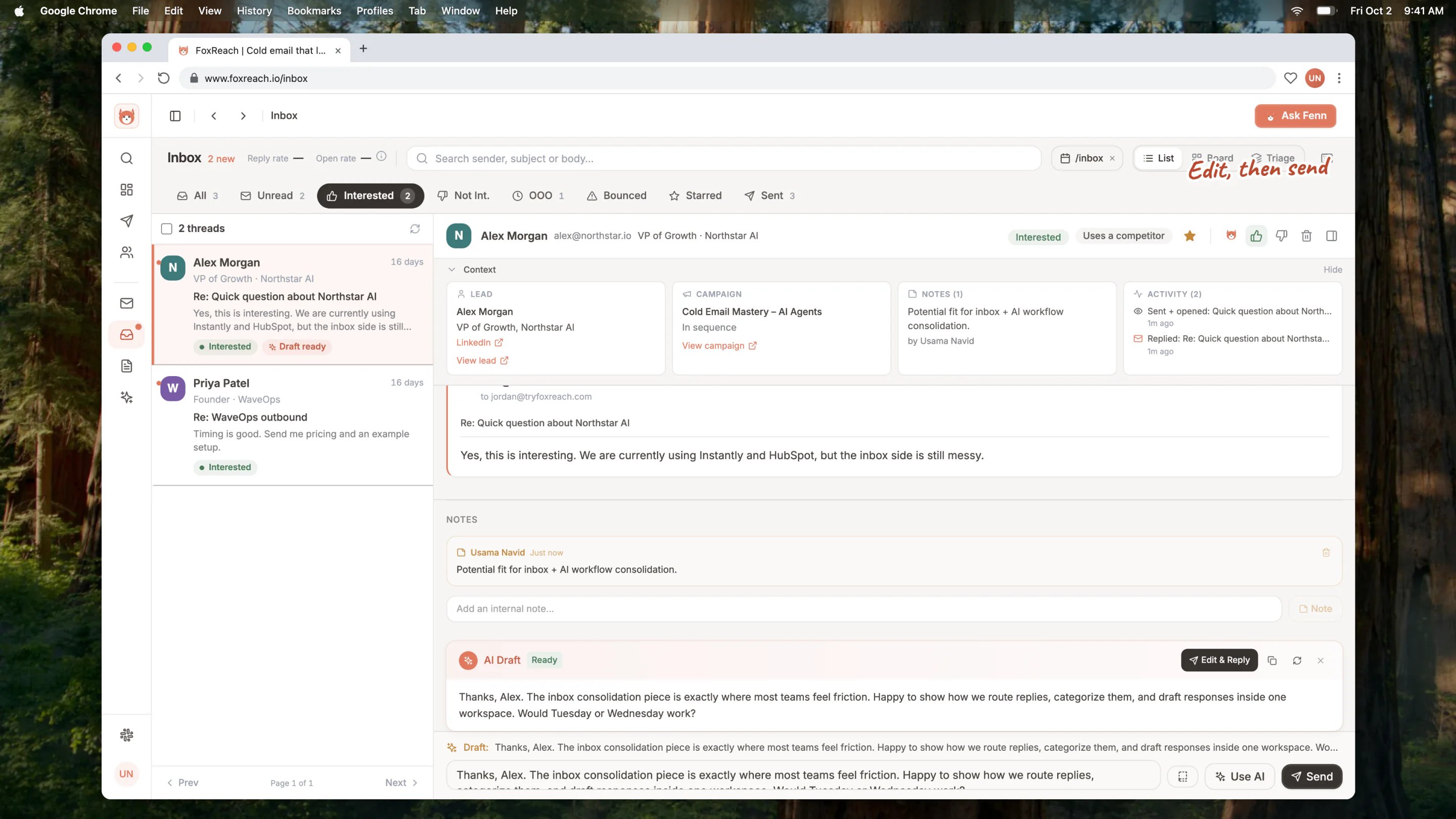 The reply composer with the AI draft loaded after clicking Use AI, ready to edit or send.
