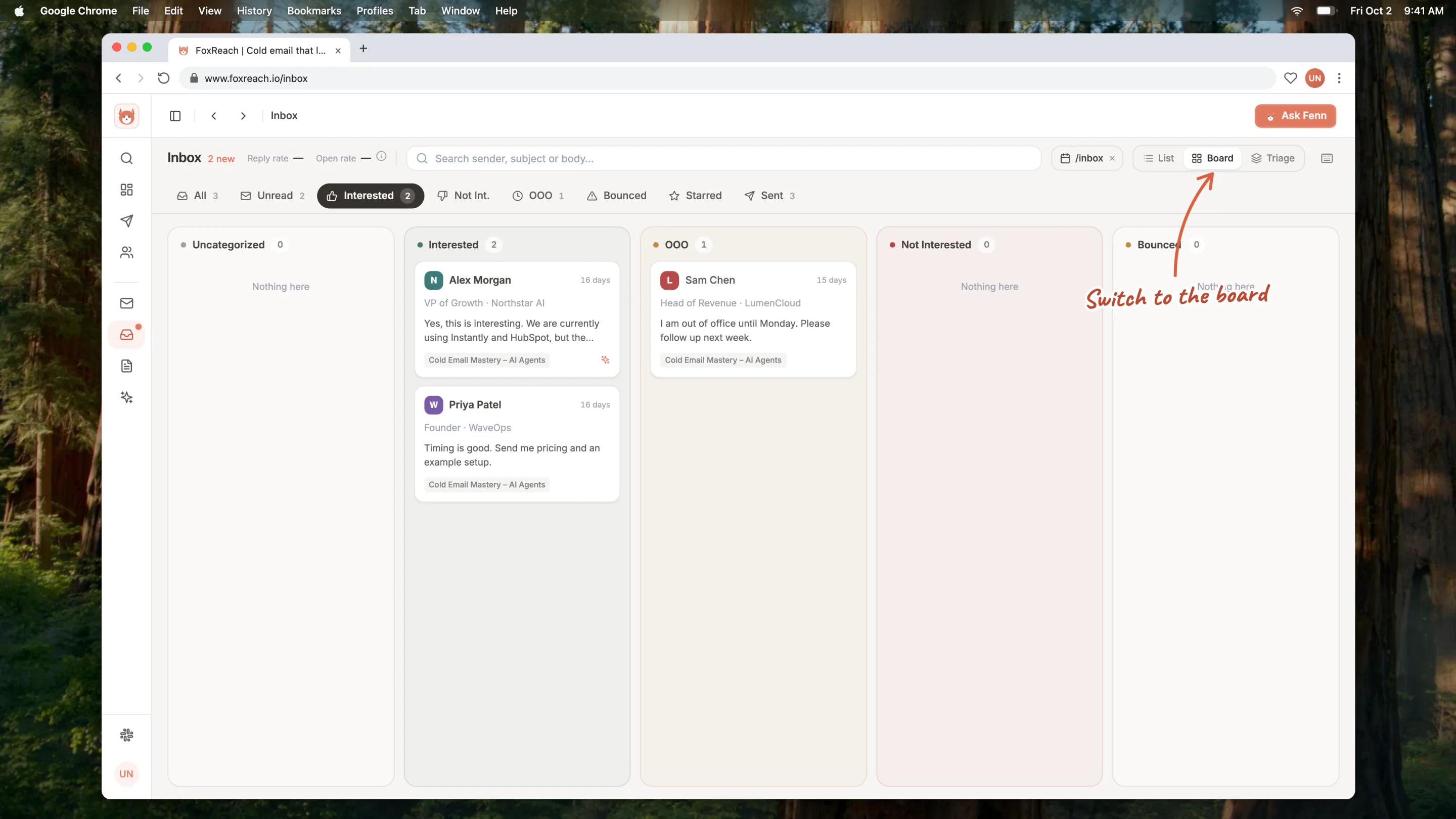 The Board view groups replies into Uncategorized, Interested, OOO, Not Interested, and Bounced columns.