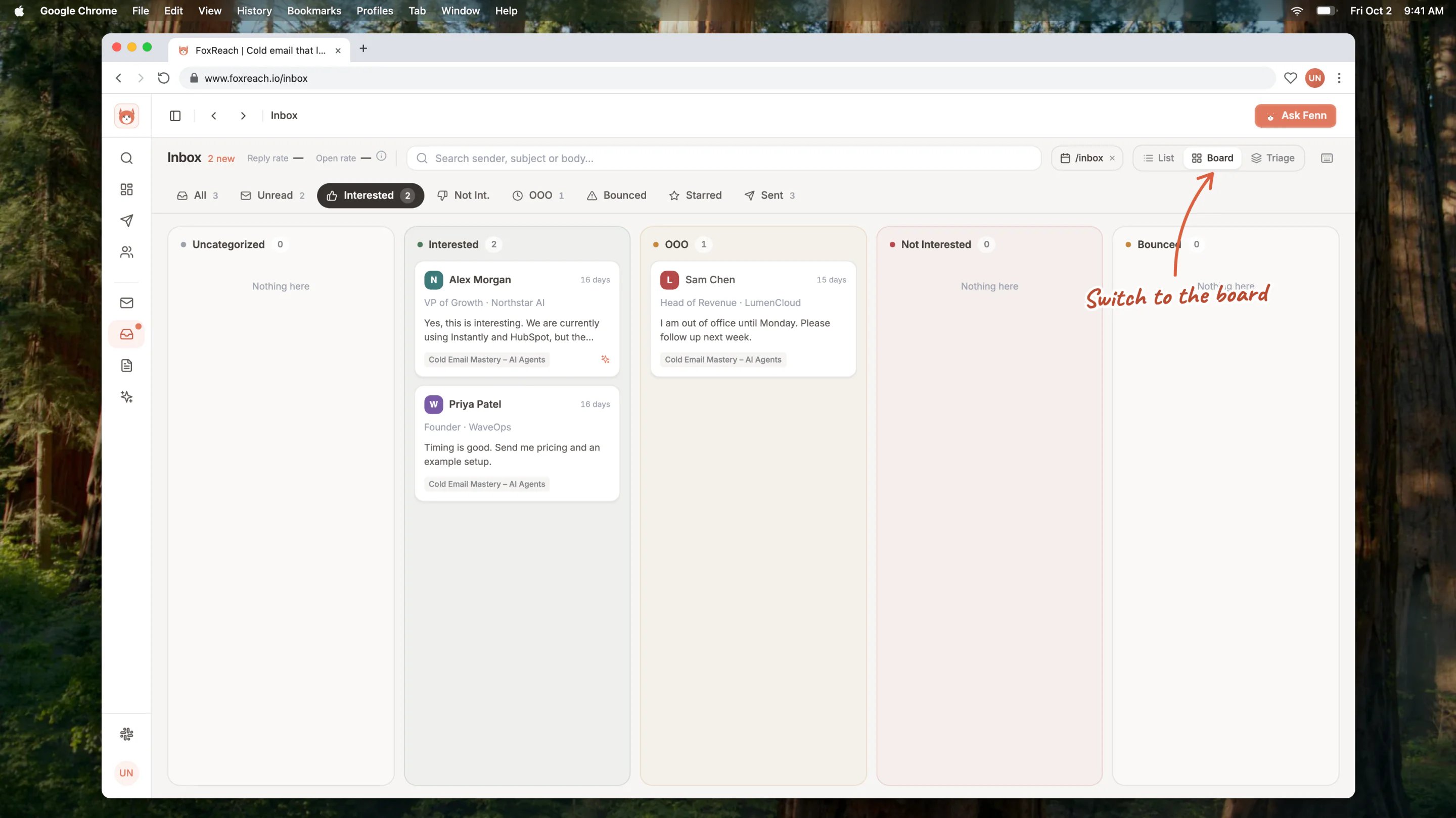 The Board view groups replies into Uncategorized, Interested, OOO, Not Interested, and Bounced columns.
