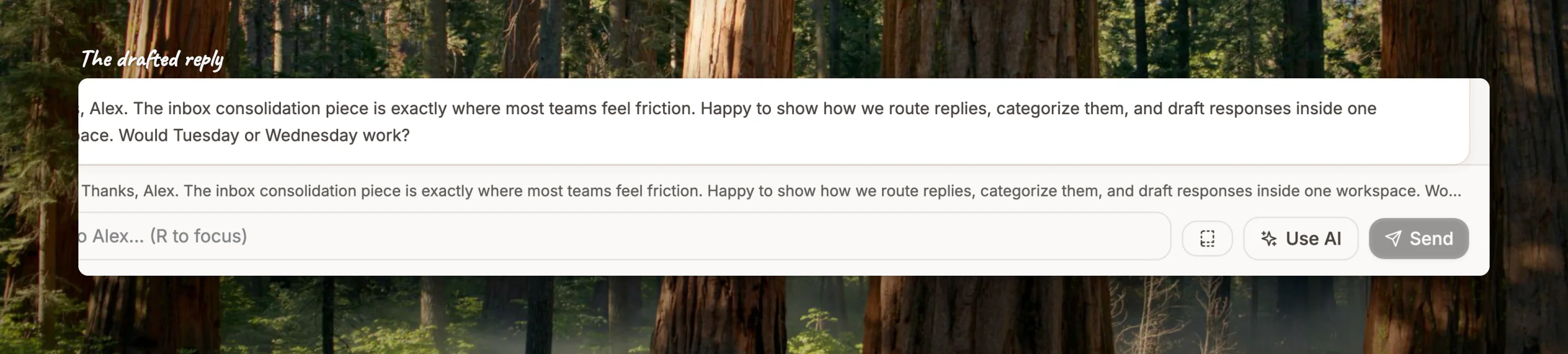 Close-up of the drafted reply and the Use AI draft button at the bottom of an Interested thread