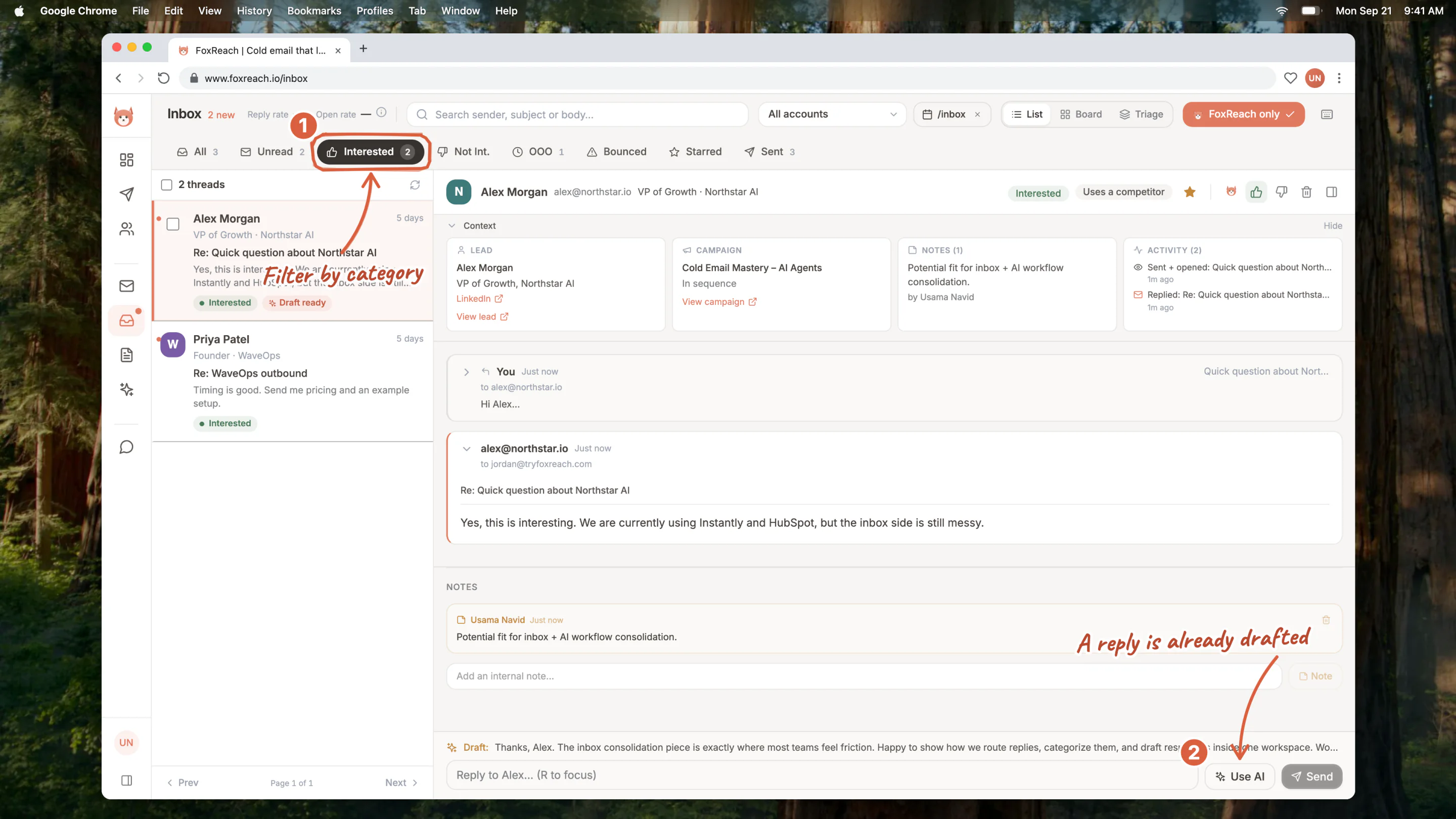The unified inbox filtered to Interested, with a thread open and a reply drafted