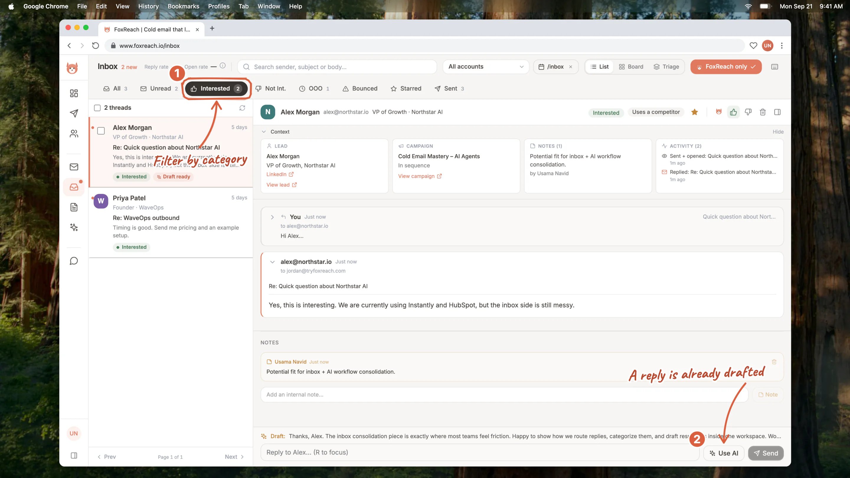 The unified inbox filtered to Interested, with a thread open and a reply drafted