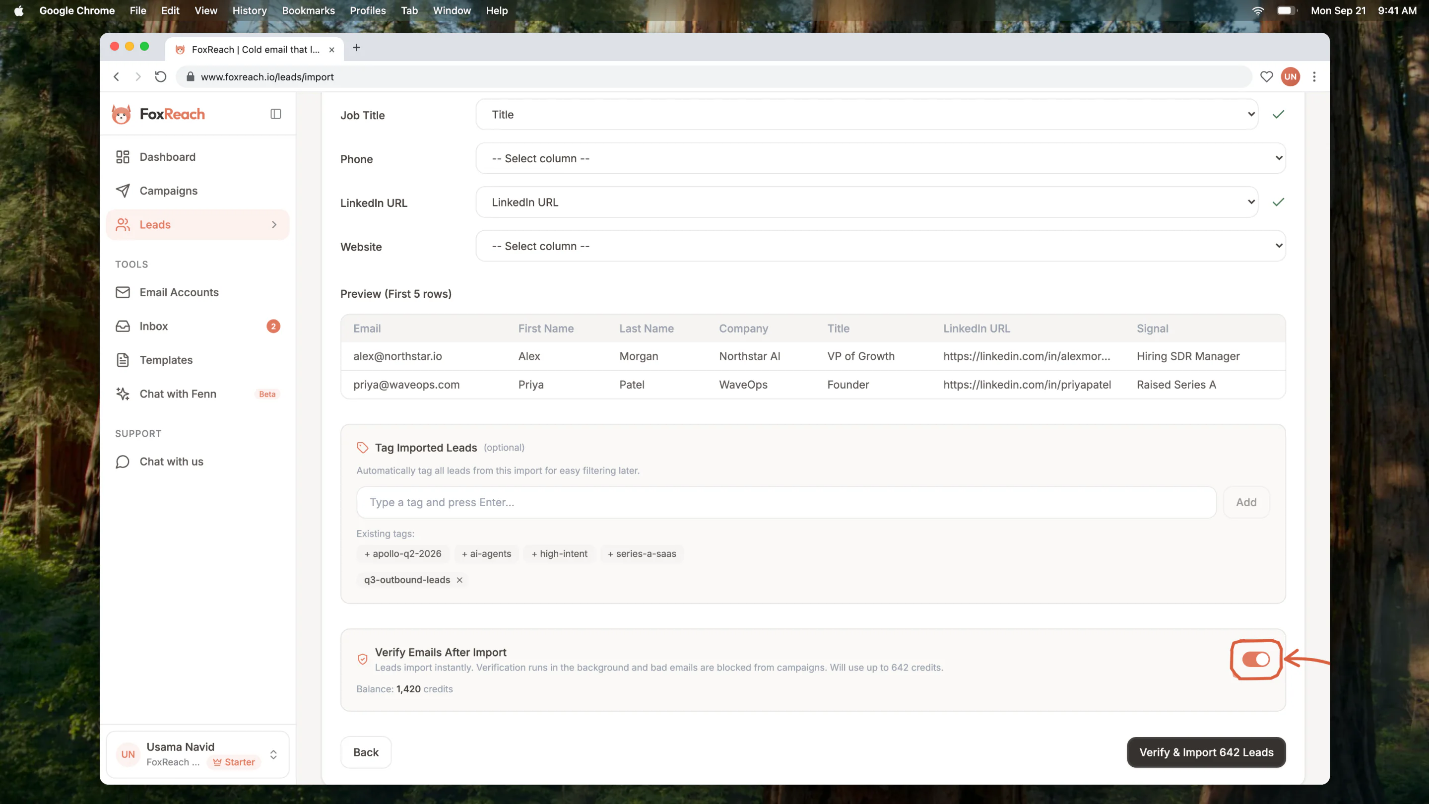 The Import Leads wizard on the Map Fields stage with the Verify Emails After Import switch turned on