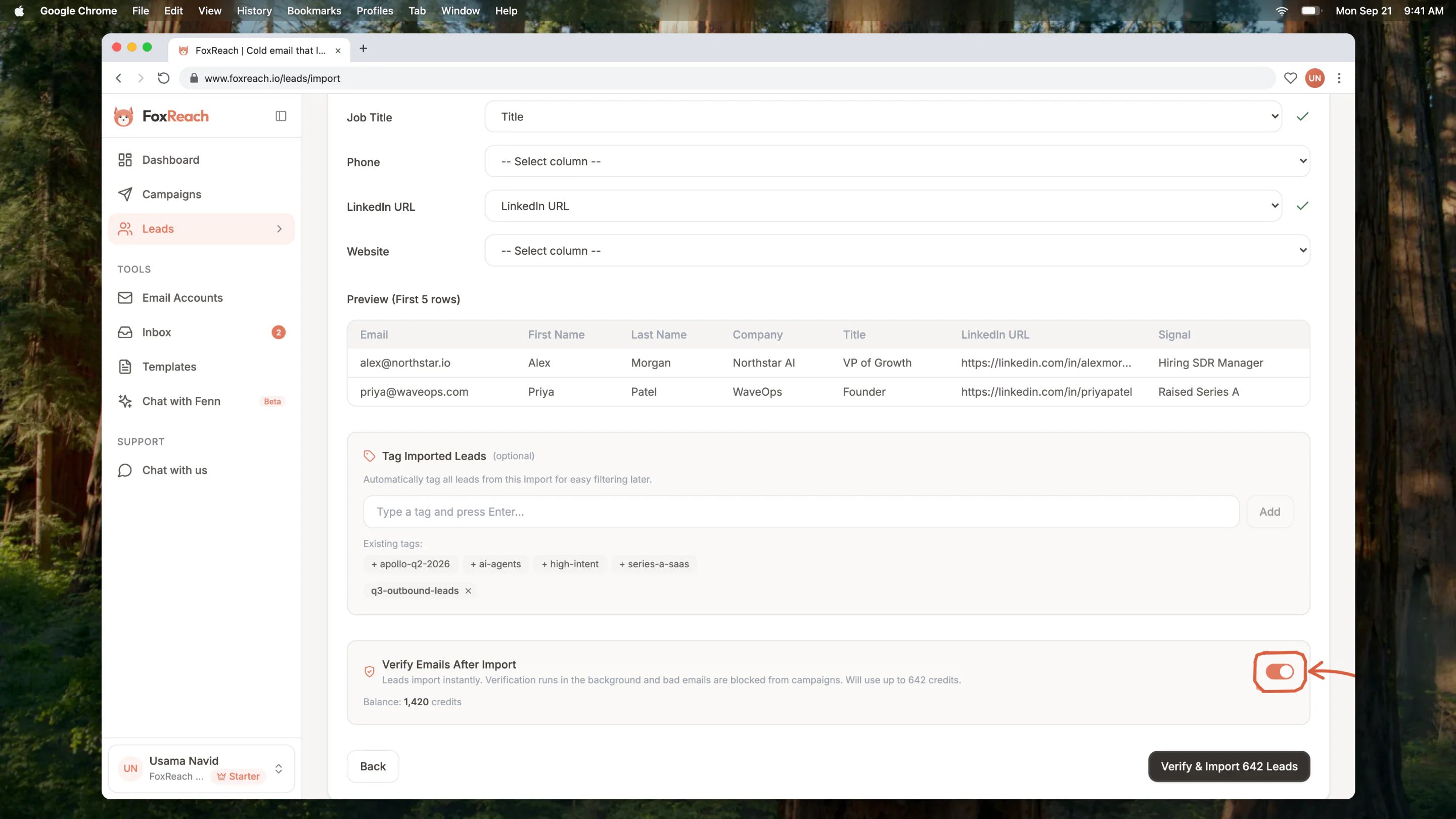 The Import Leads wizard on the Map Fields stage with the Verify Emails After Import switch turned on