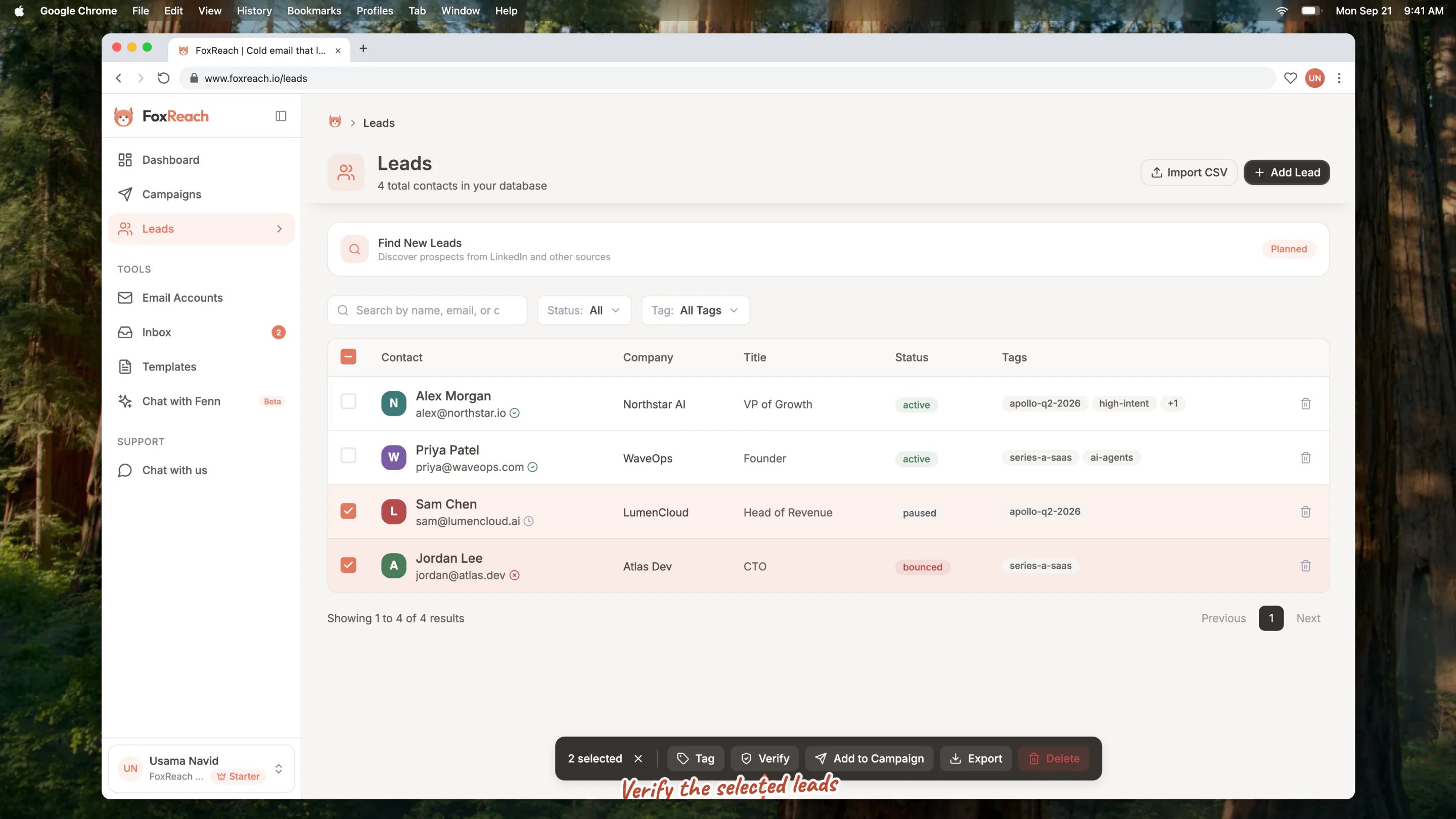 Leads selected in the list with the Verify button in the selection toolbar