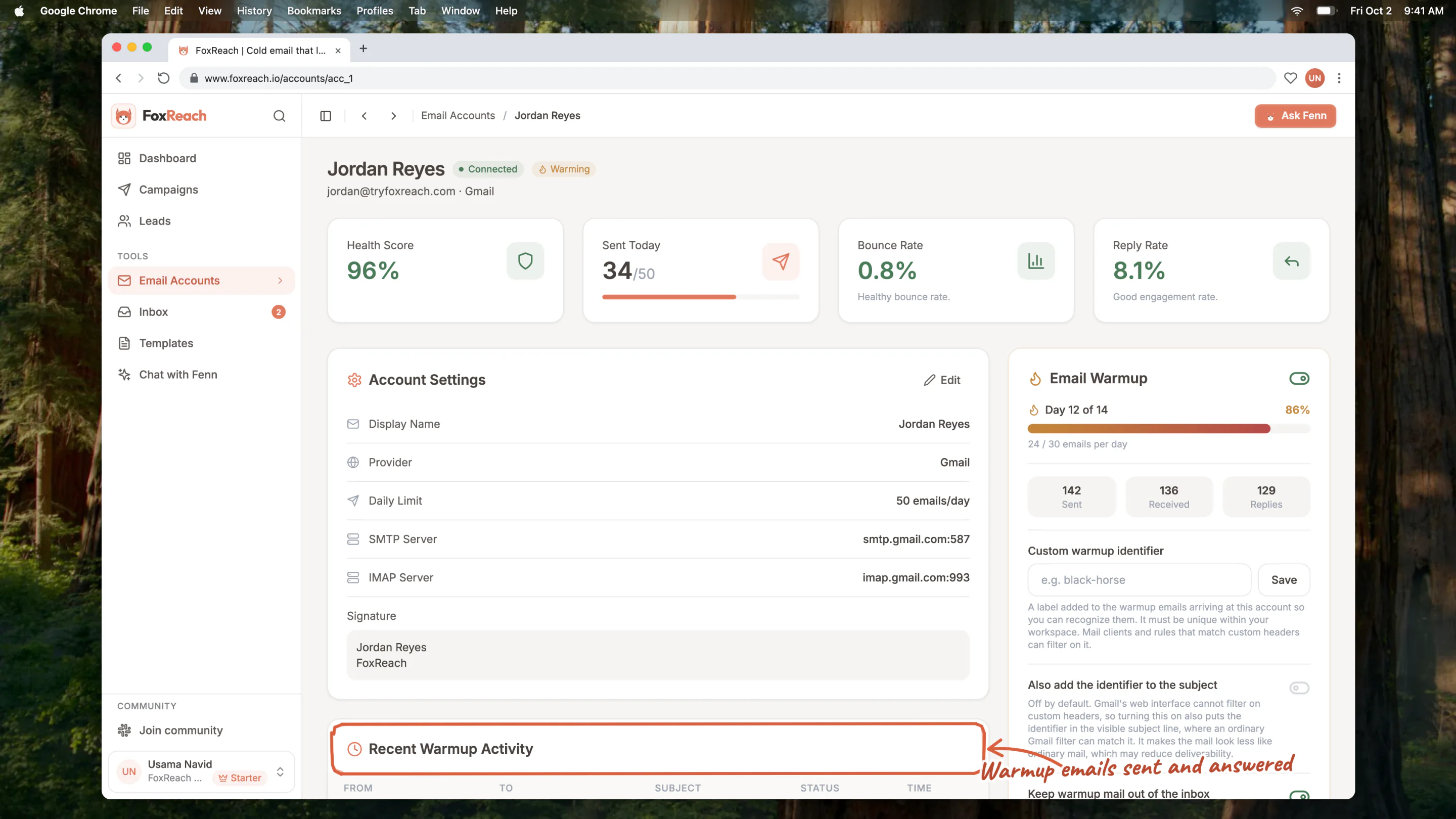 The Recent Warmup Activity list on an account page, with a row per warmup exchange showing sender, recipient, subject, status and time