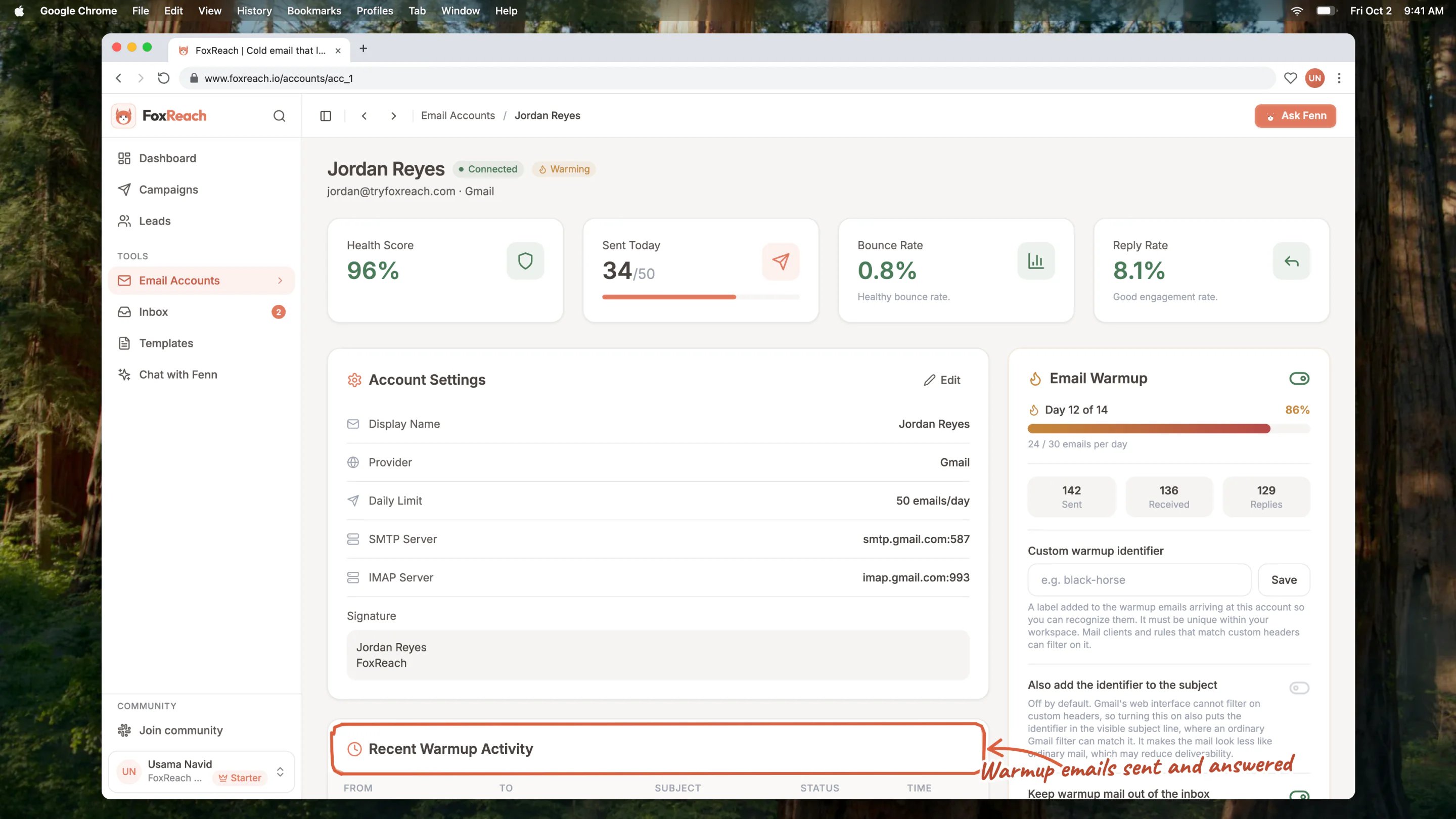 The Recent Warmup Activity list on an account page, with a row per warmup exchange showing sender, recipient, subject, status and time
