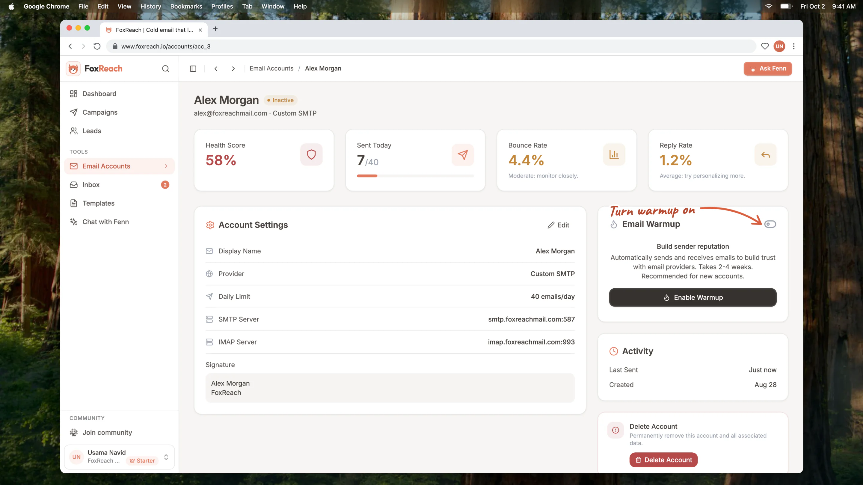 The account page for alex@foxreachmail.com, a freshly connected inbox, with the Build sender reputation panel and the Enable Warmup button on the Email Warmup card