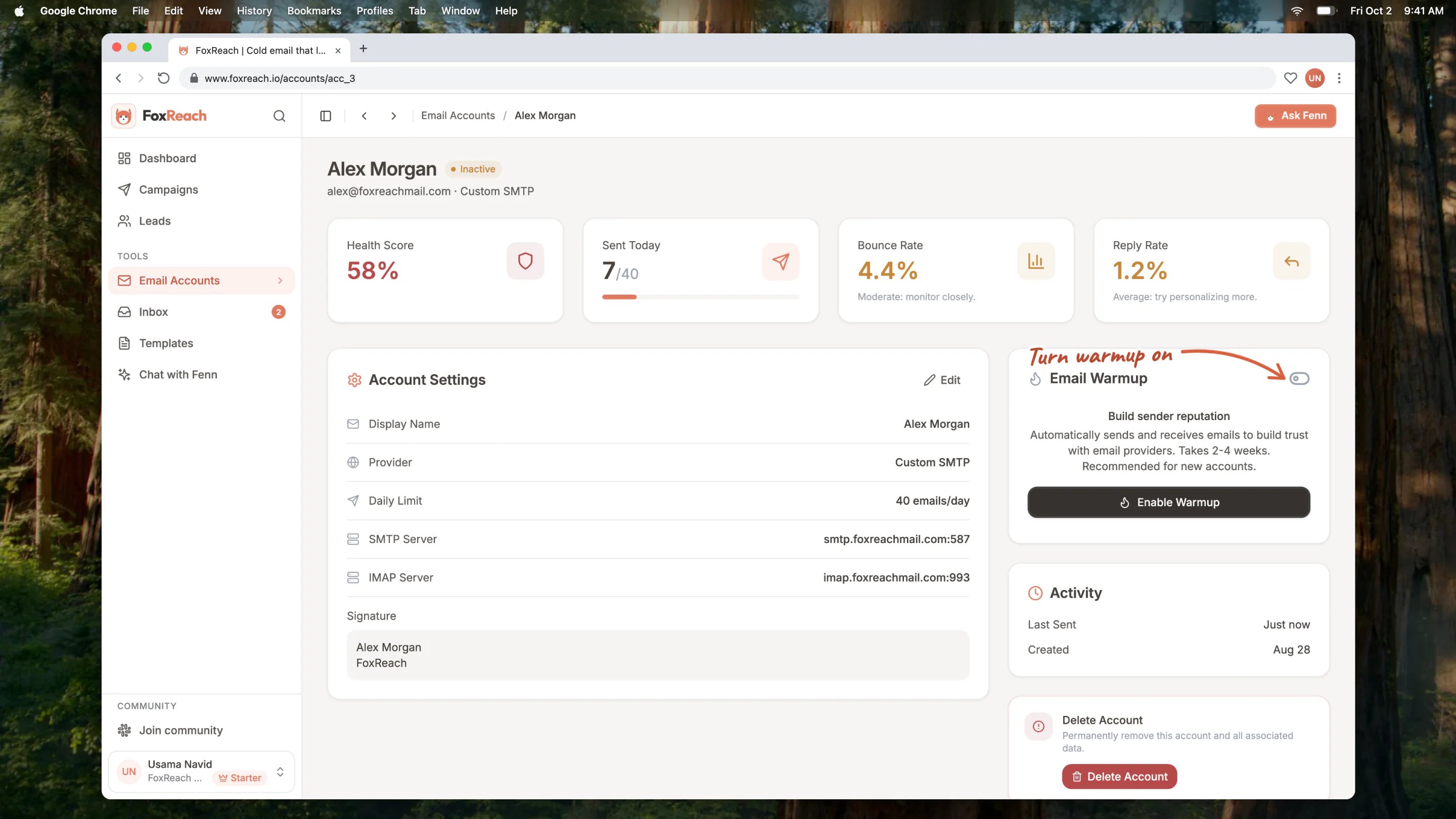 The account page for alex@foxreachmail.com, a freshly connected inbox, with the Build sender reputation panel and the Enable Warmup button on the Email Warmup card