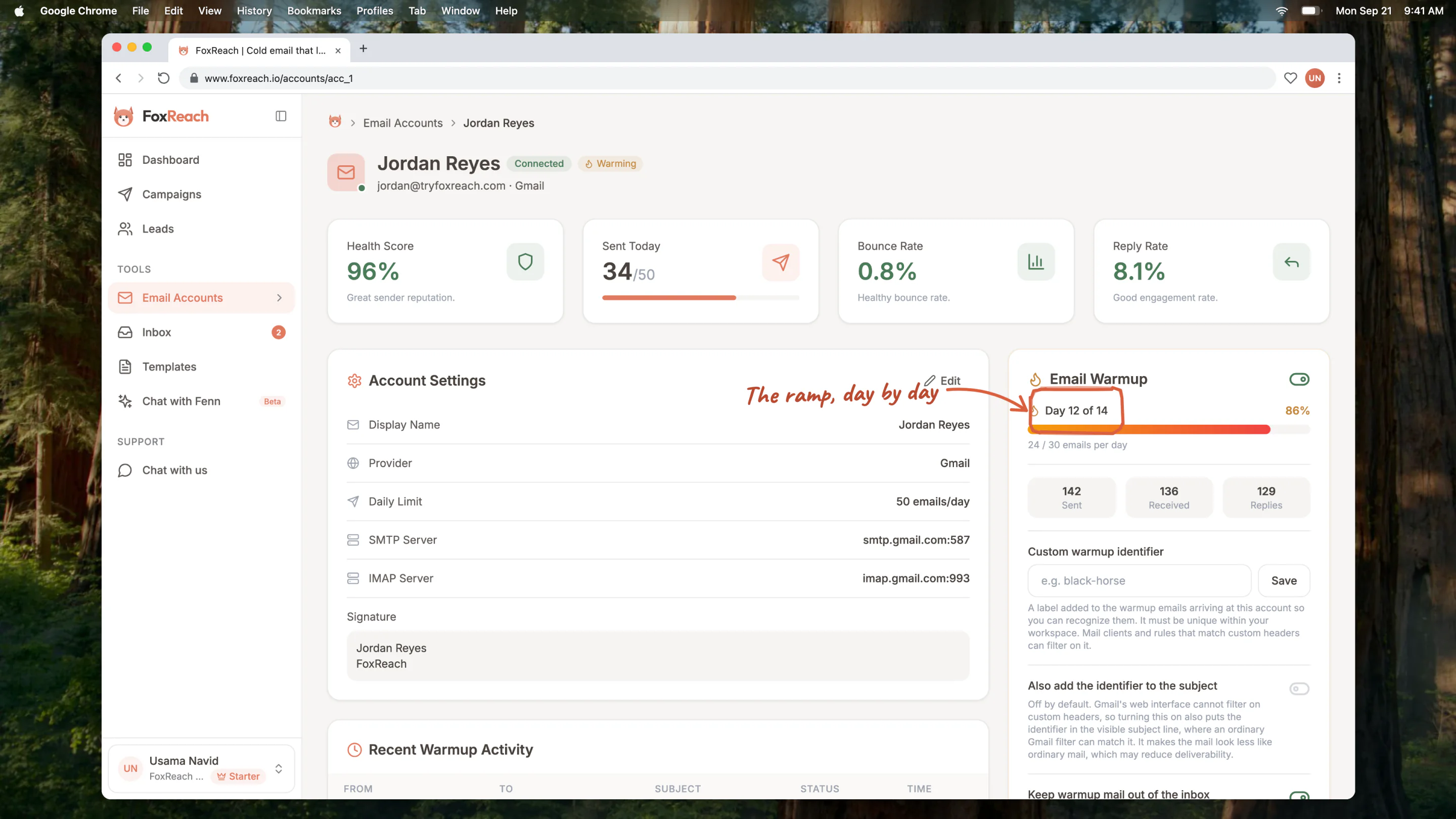 An account page mid-warmup, Day 12 of 14