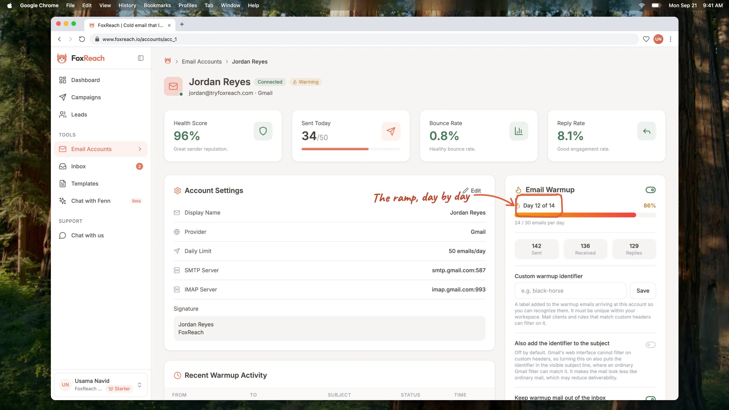 An account page mid-warmup, Day 12 of 14