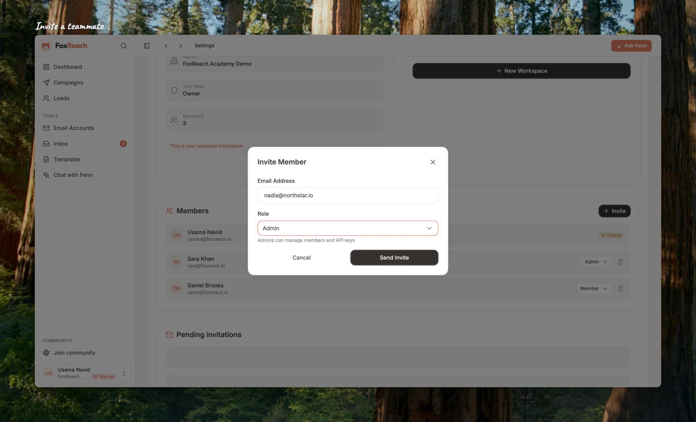 Close-up of the Invite dialog with the email filled in and the role set to Admin