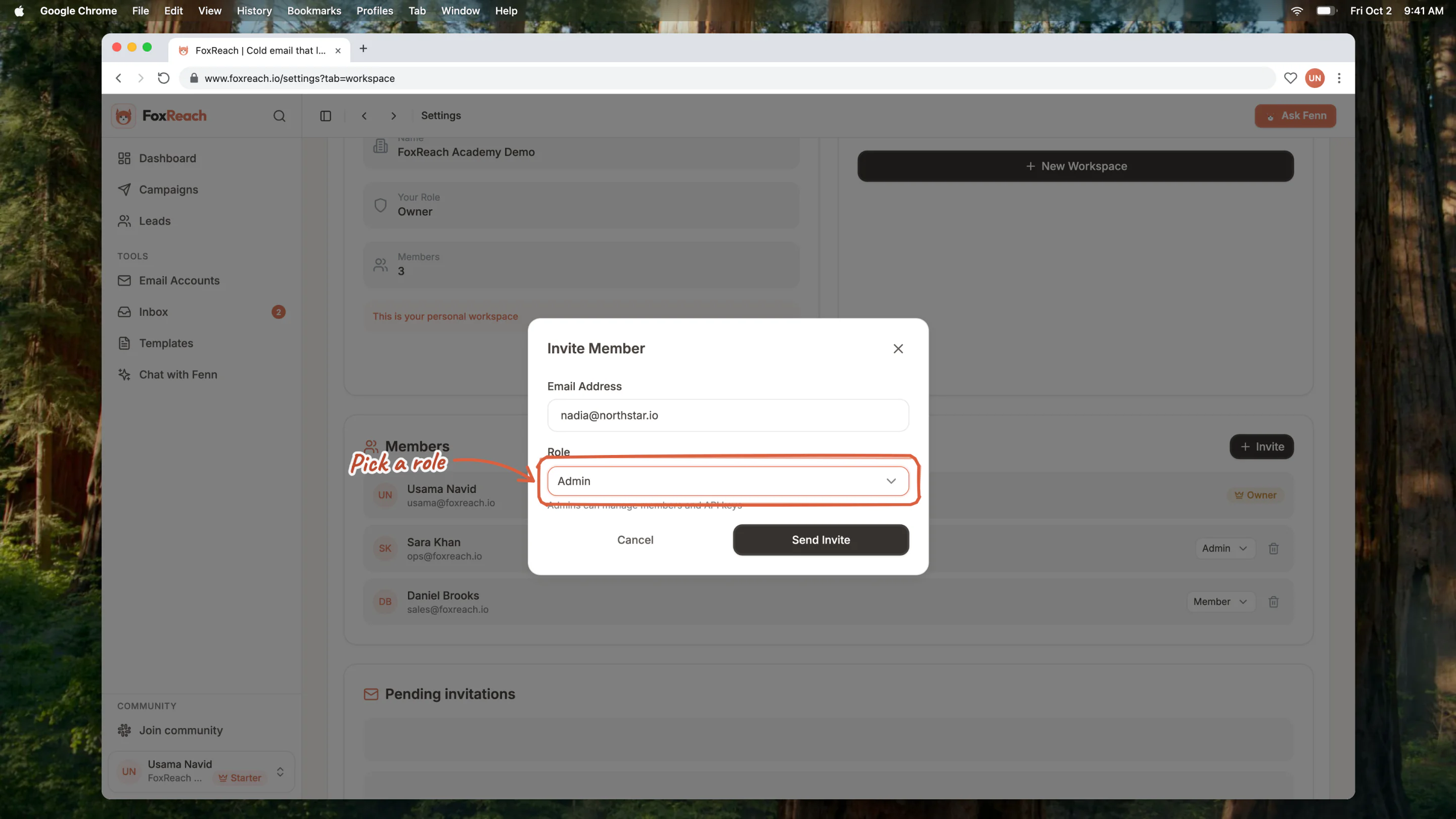 Inviting a teammate to a FoxReach workspace with a role