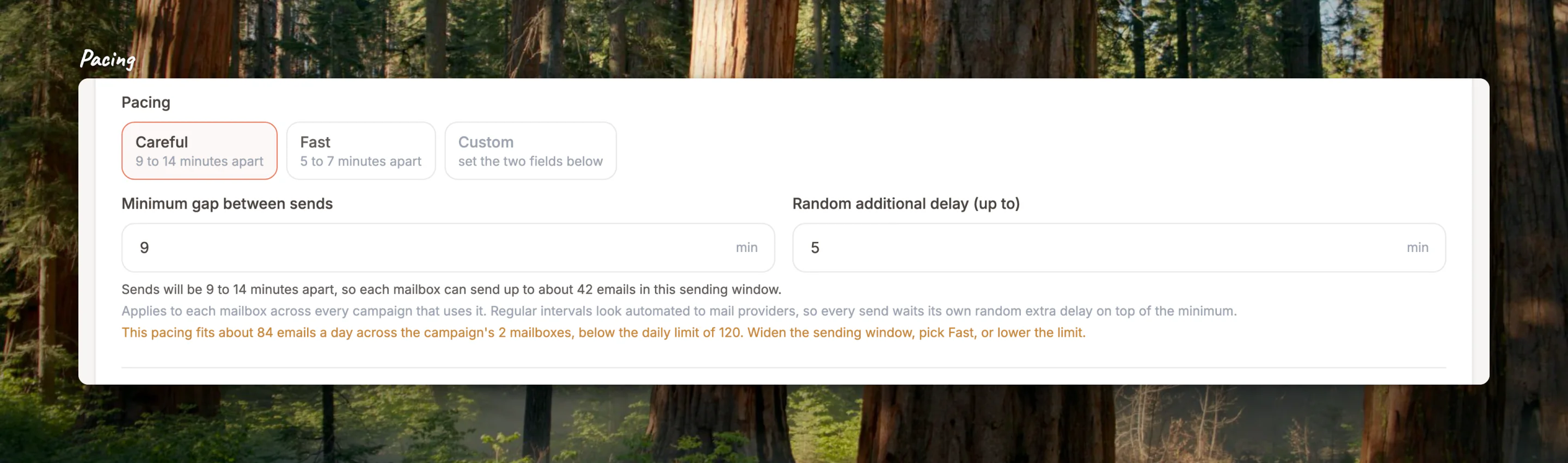 Close-up of Pacing: the three presets, the gap fields, how many emails the window fits, and the daily-limit warning