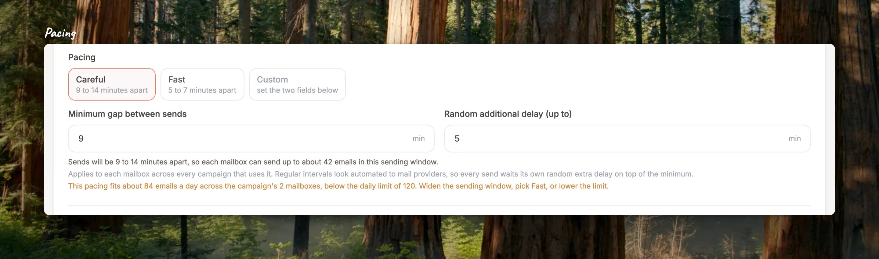 Close-up of Pacing: the three presets, the gap fields, how many emails the window fits, and the daily-limit warning