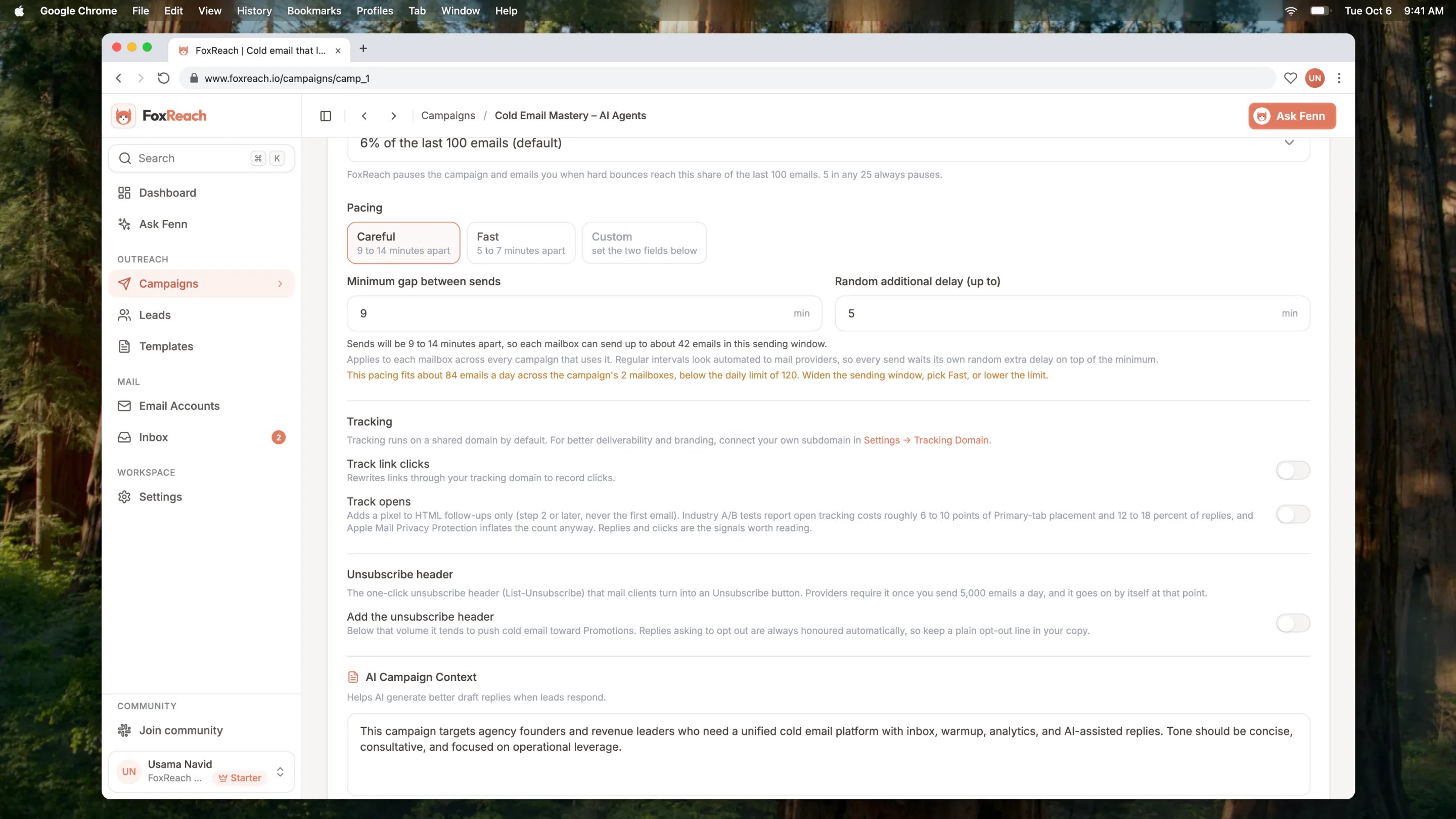 Campaign settings in FoxReach with the Pacing presets Careful, Fast and Custom, the gap fields, and the warning that the daily limit is more than the window fits