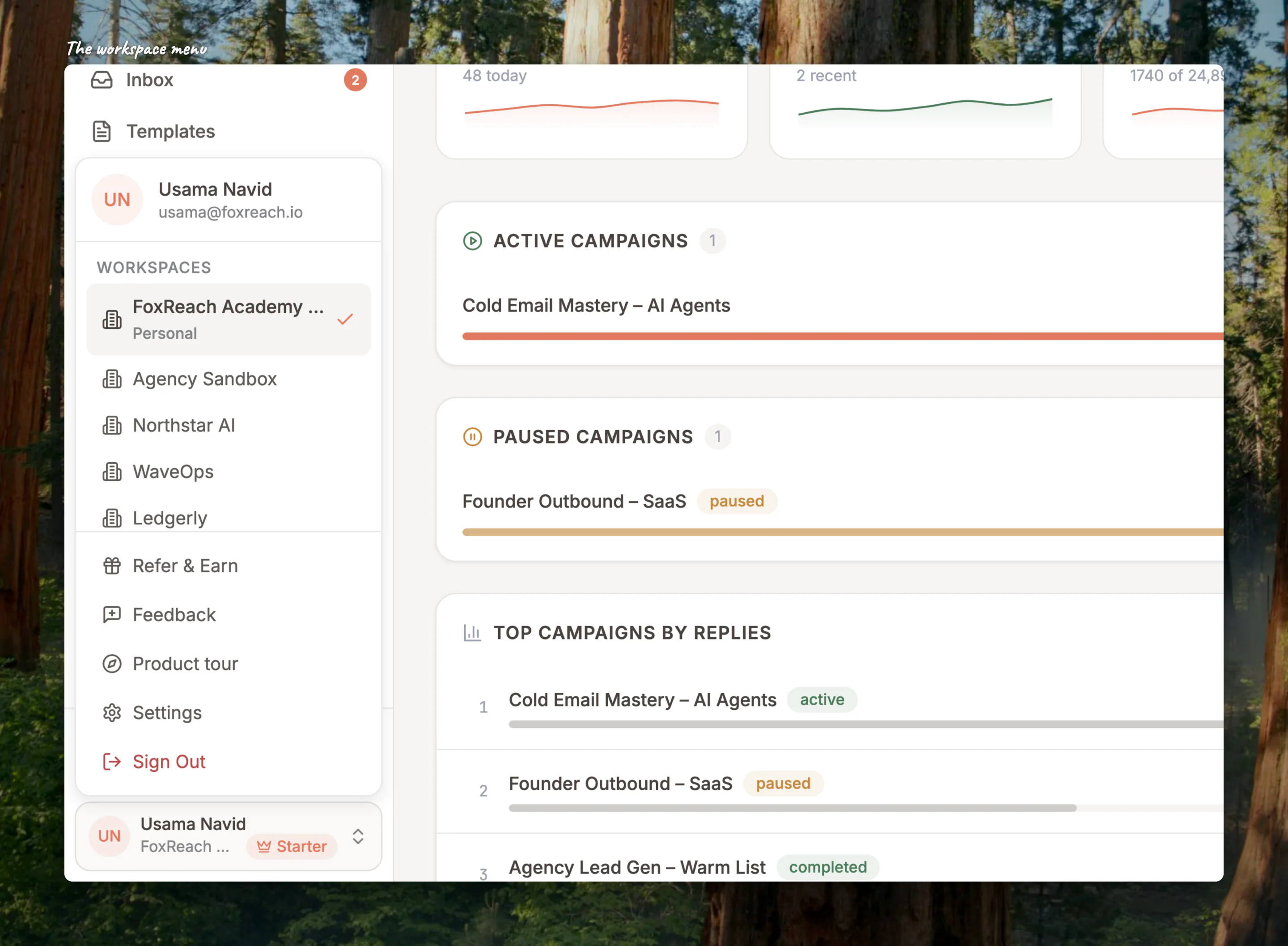 Close-up of the account menu with the workspace list, Manage Workspace and the other entries