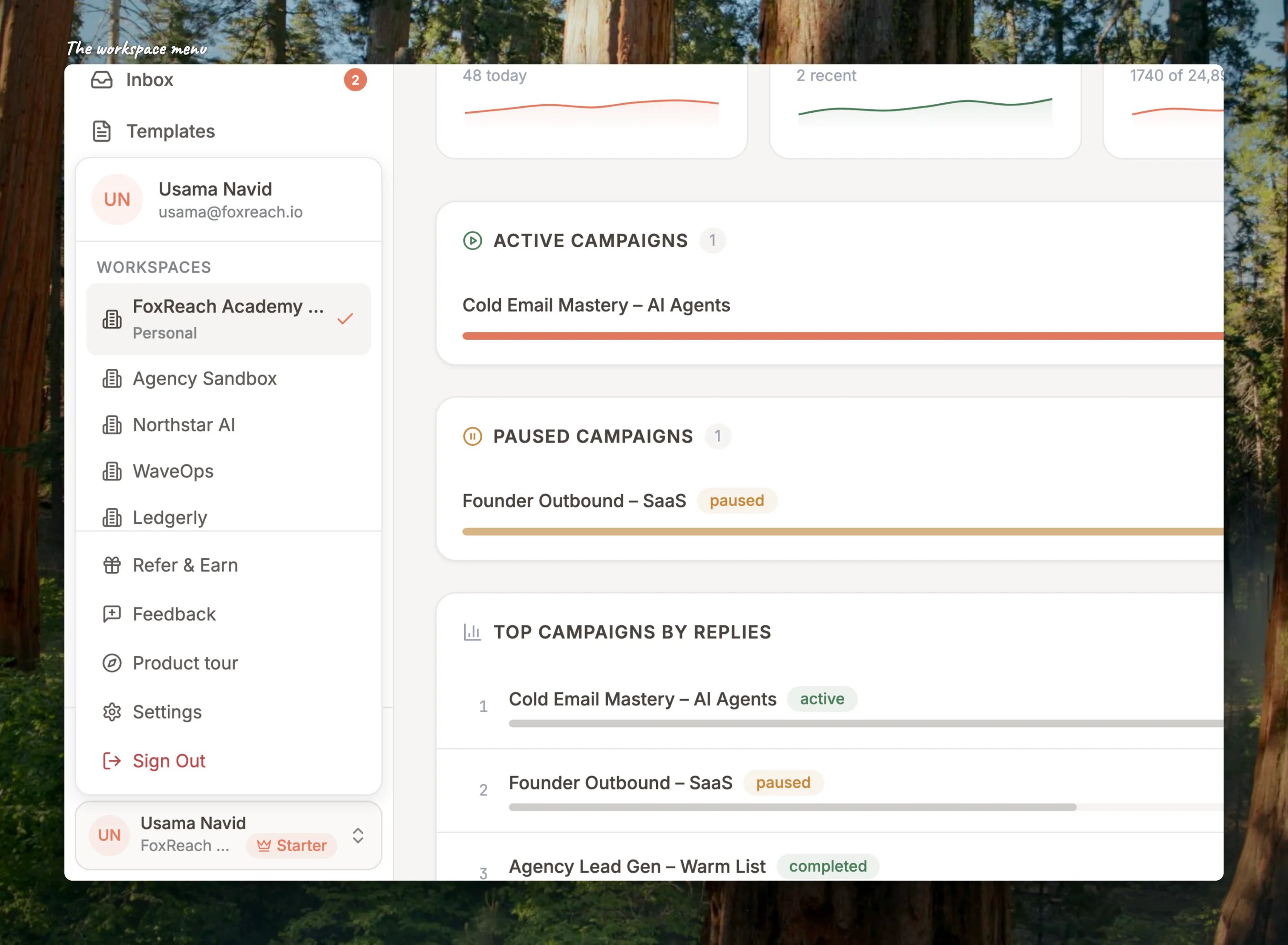 Close-up of the account menu with the workspace list, Manage Workspace and the other entries