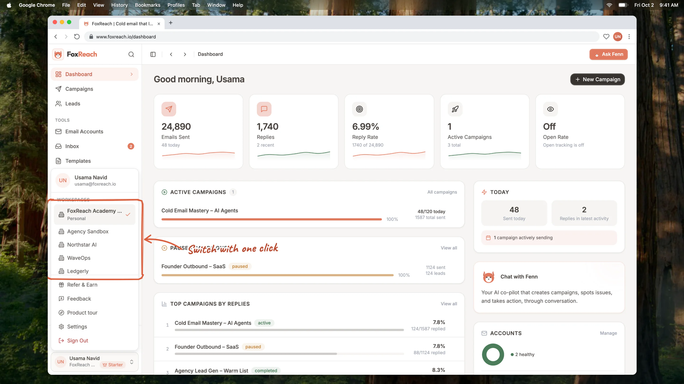 The workspace switcher in the FoxReach sidebar user menu