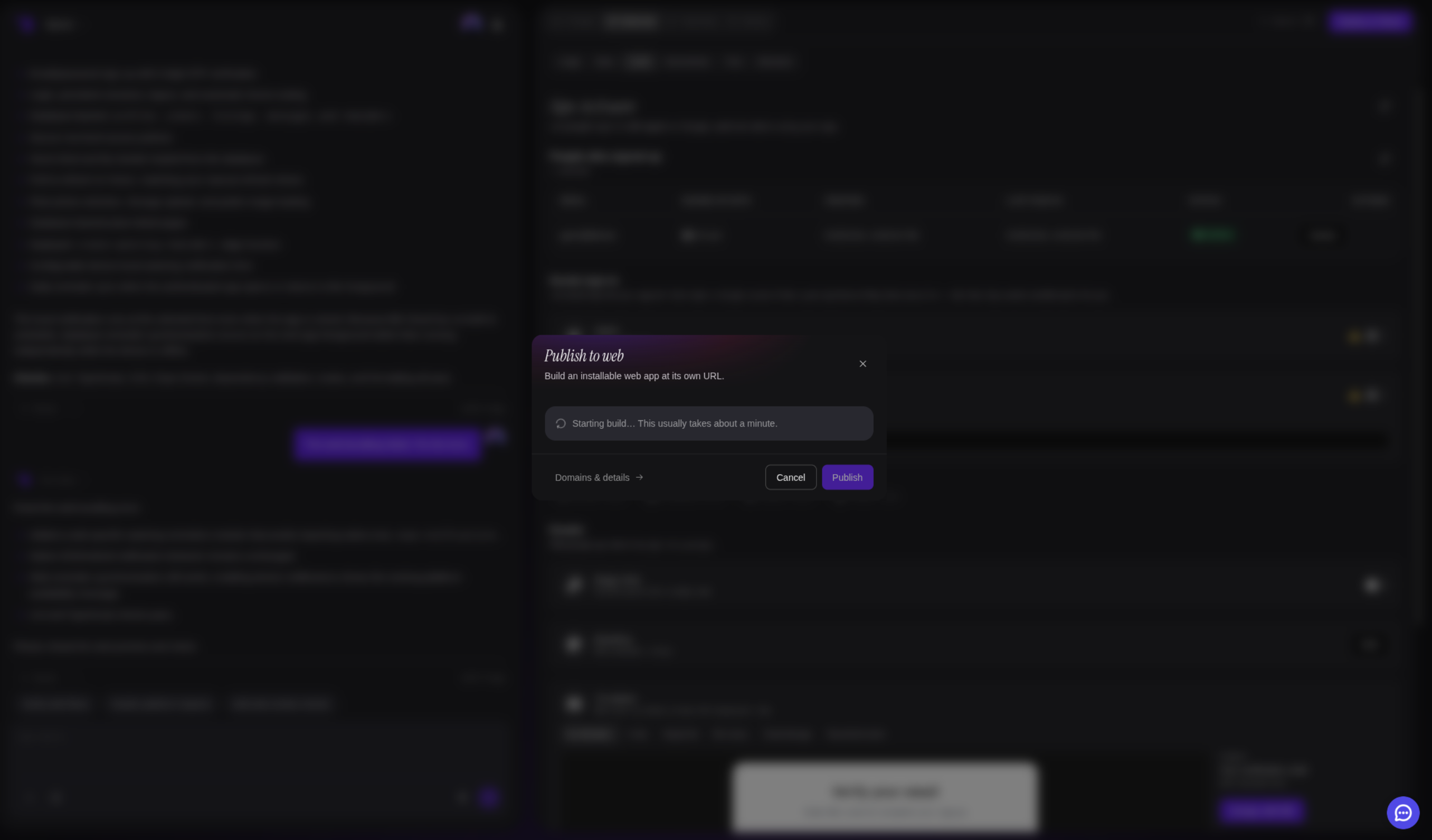 The dialog mid-publish, showing the build stage and a Cancel button