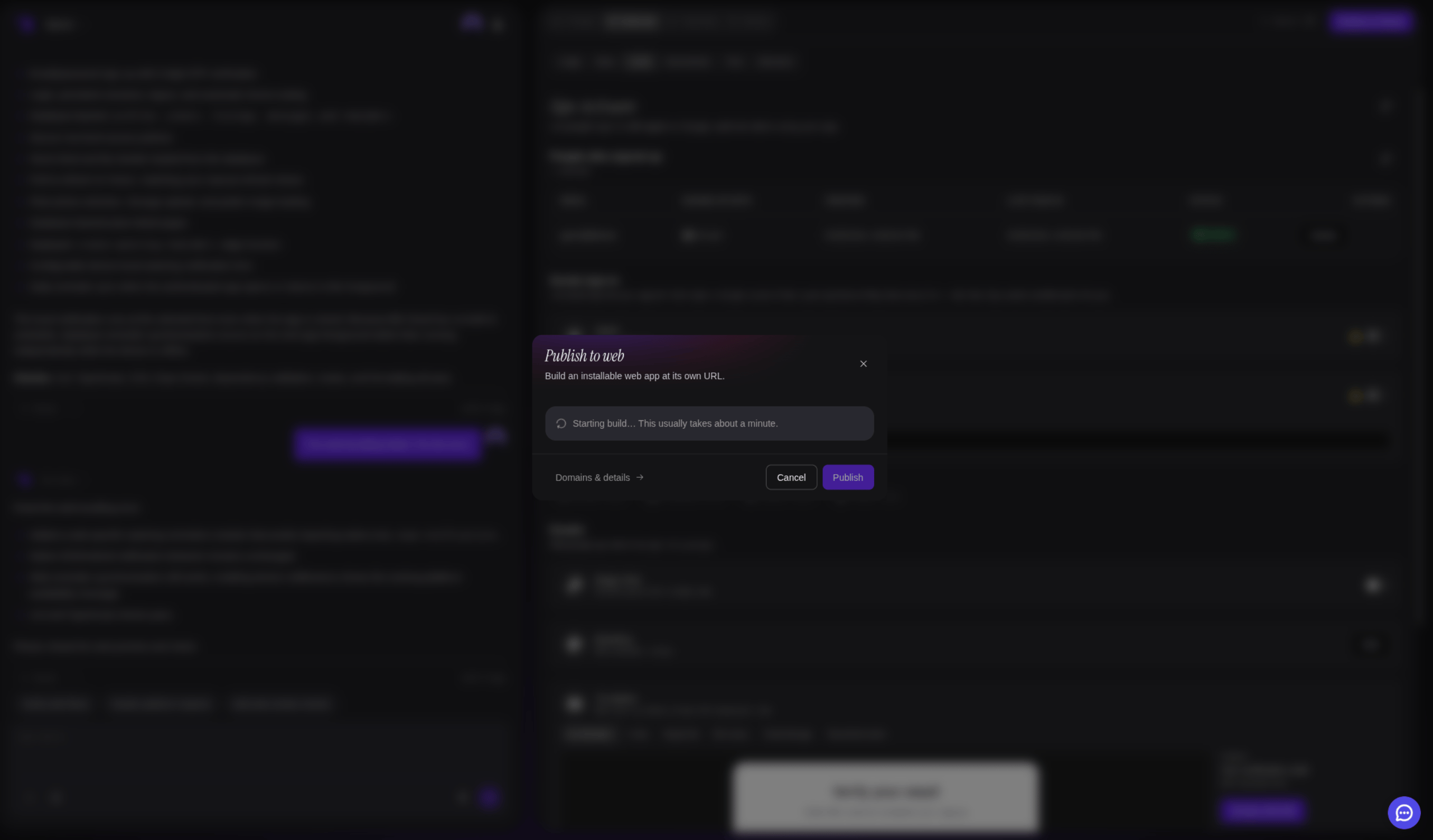 The dialog mid-publish, showing the build stage and a Cancel button