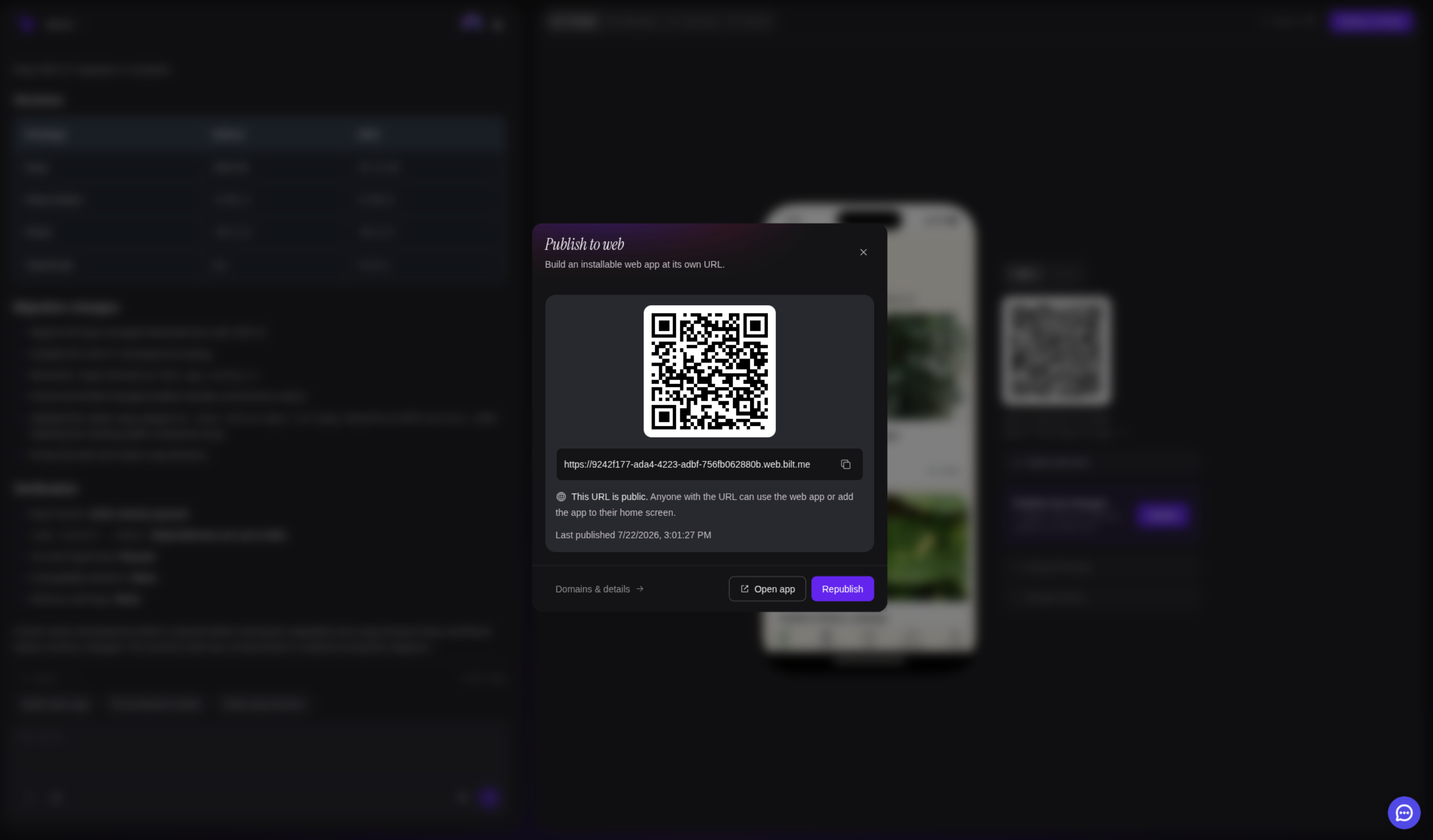 The published app: its permanent web address, a QR code, and Open app and Republish buttons