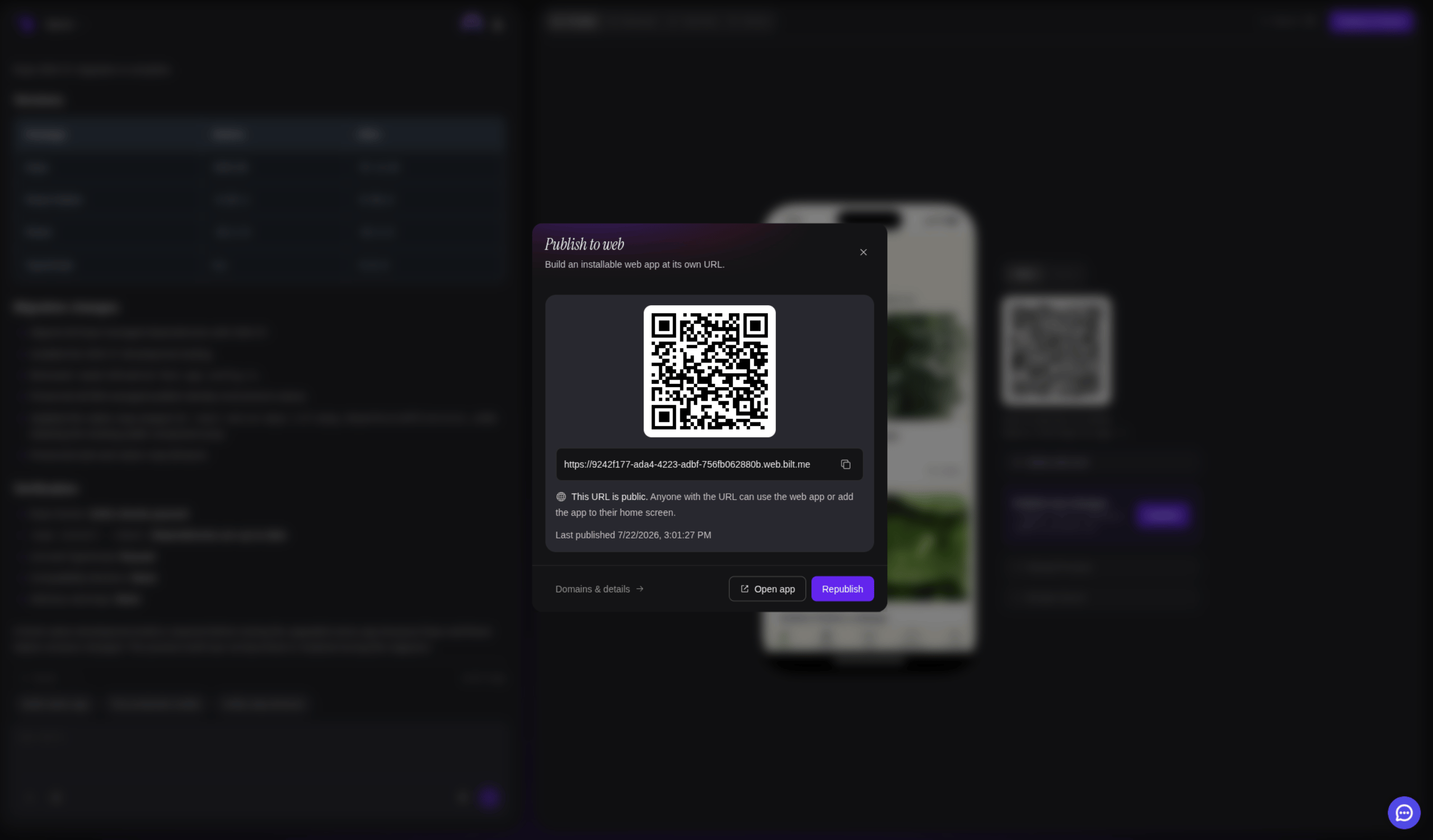 The published app: its permanent web address, a QR code, and Open app and Republish buttons