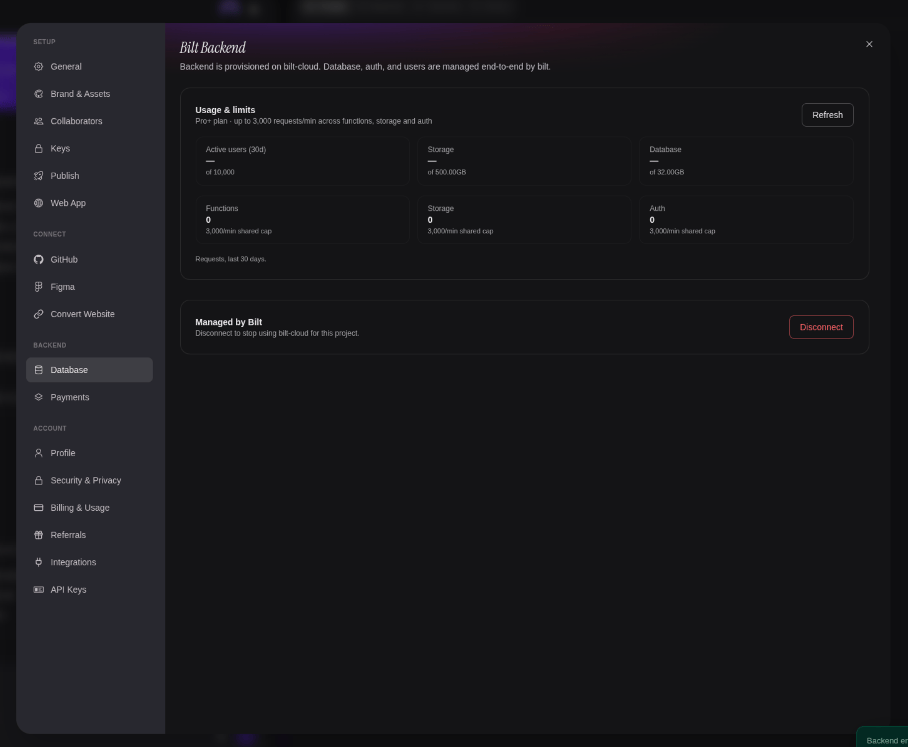 A connected Bilt Cloud backend, with usage and limits for active users, storage, database, functions, and auth