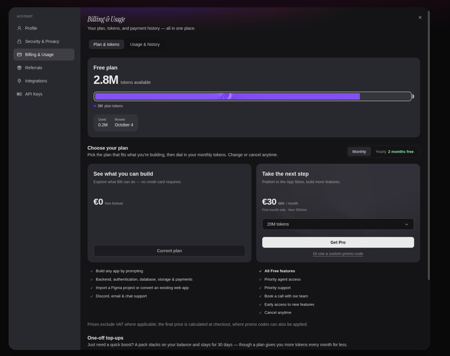 Billing & Usage tab showing the token balance and the plan card with the Manage billing button