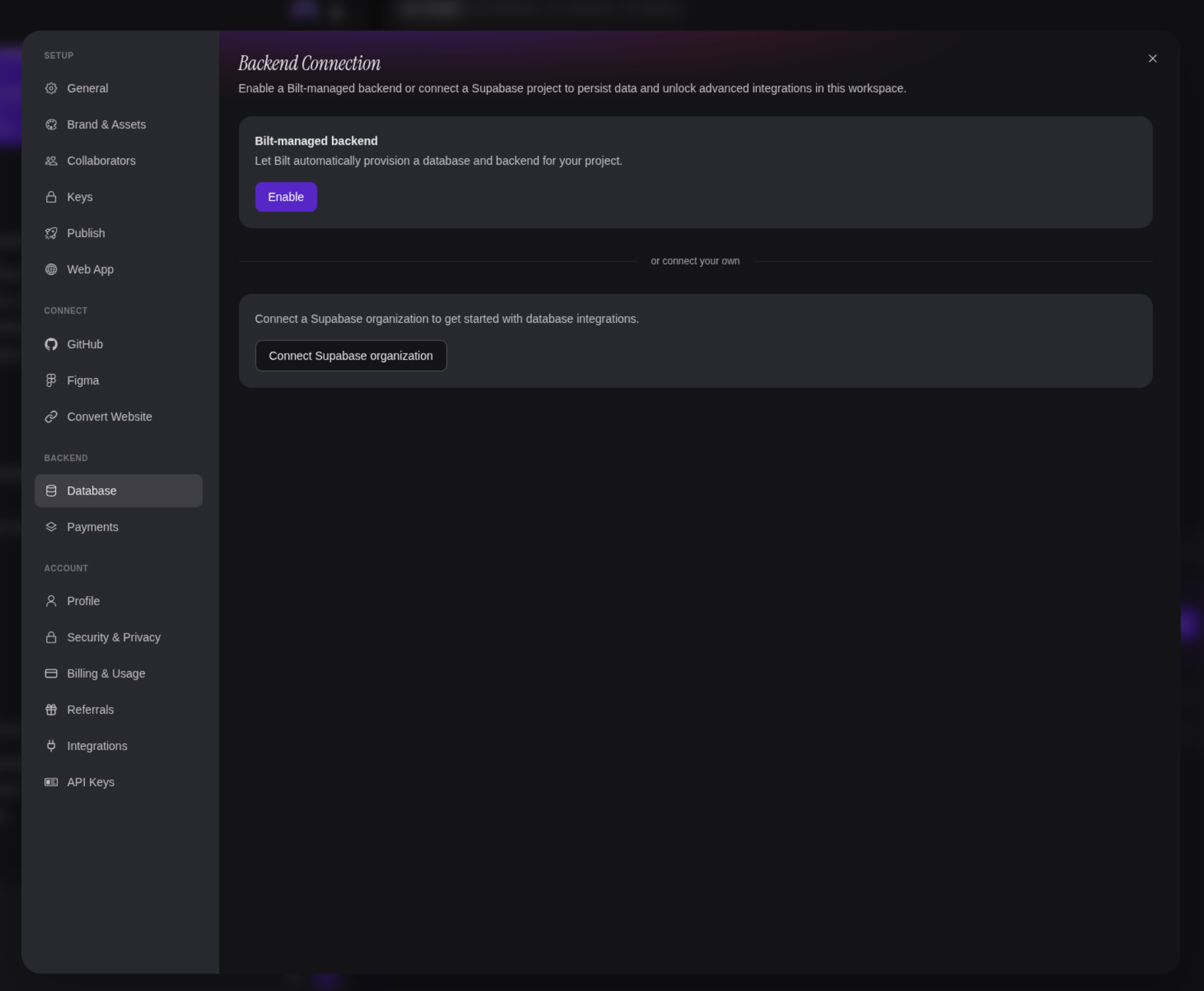 Backend Connection screen with the Bilt-managed backend Enable button