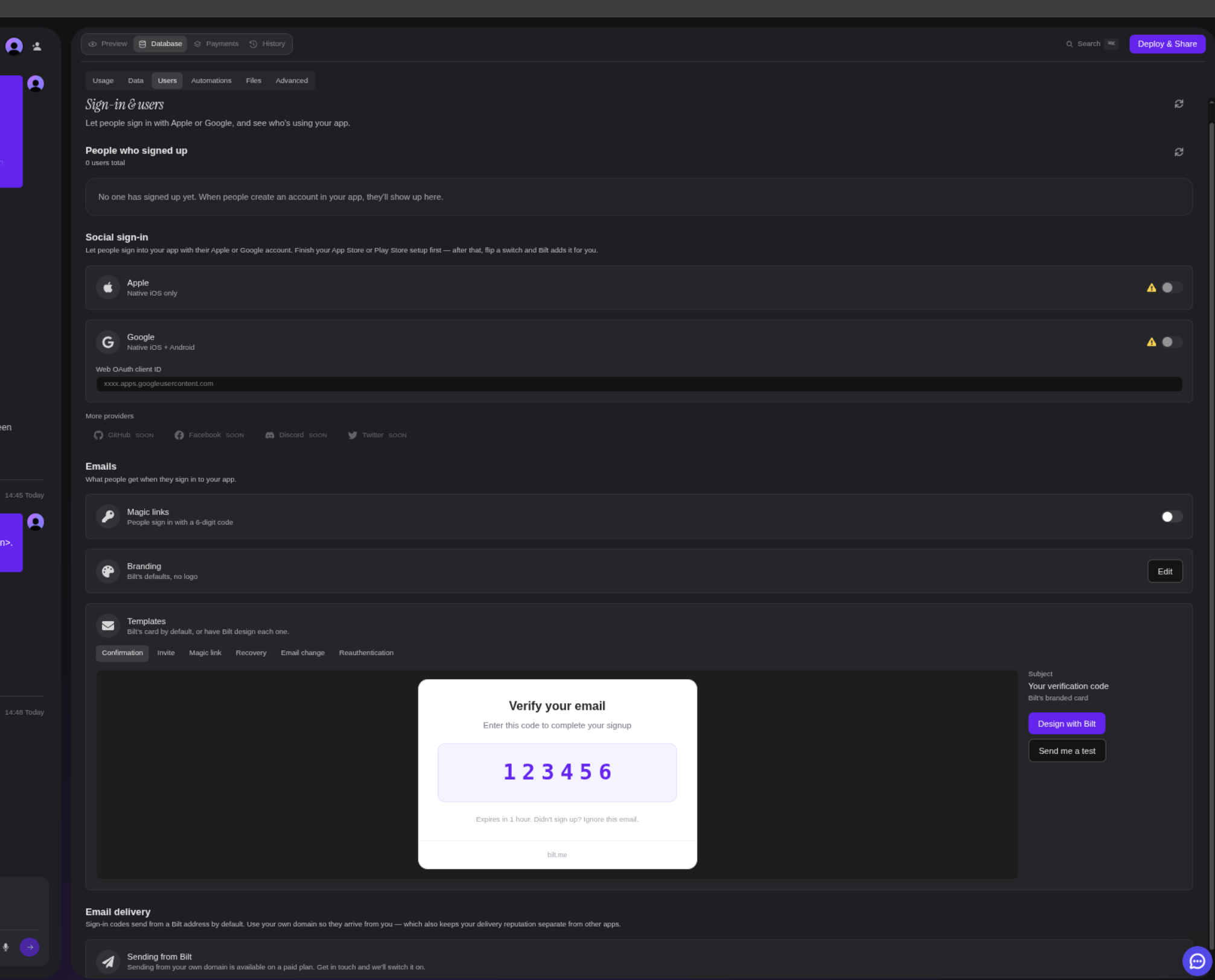 The Users tab before sign-in is enabled, with the Enable Auth button