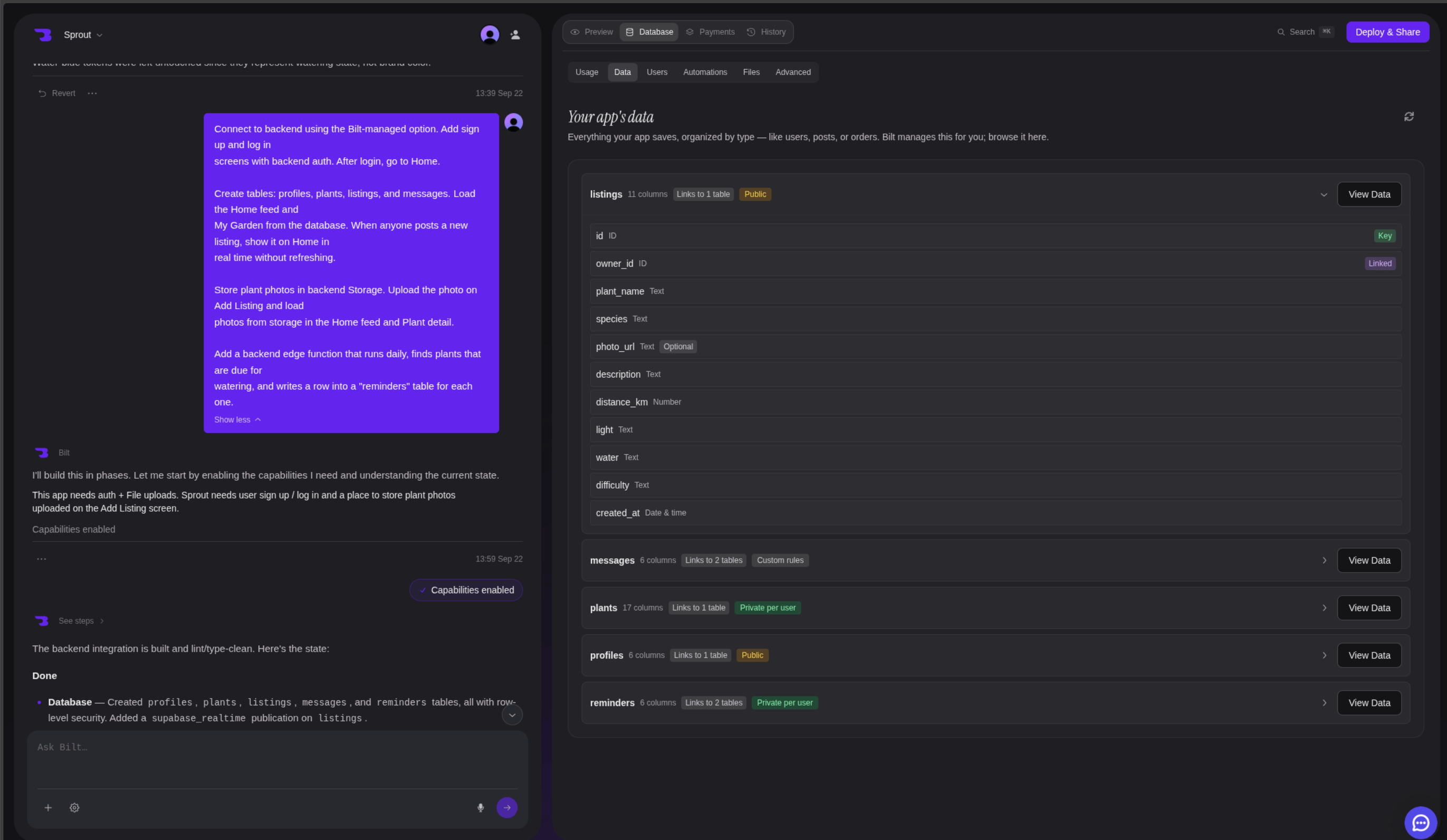 The Data tab populated with tables, their columns, links, and protection badges