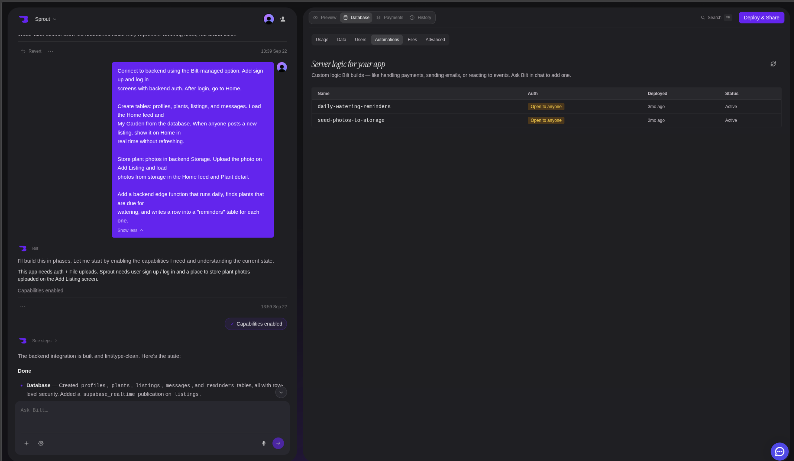 The Automations tab listing a deployed function with its auth and status