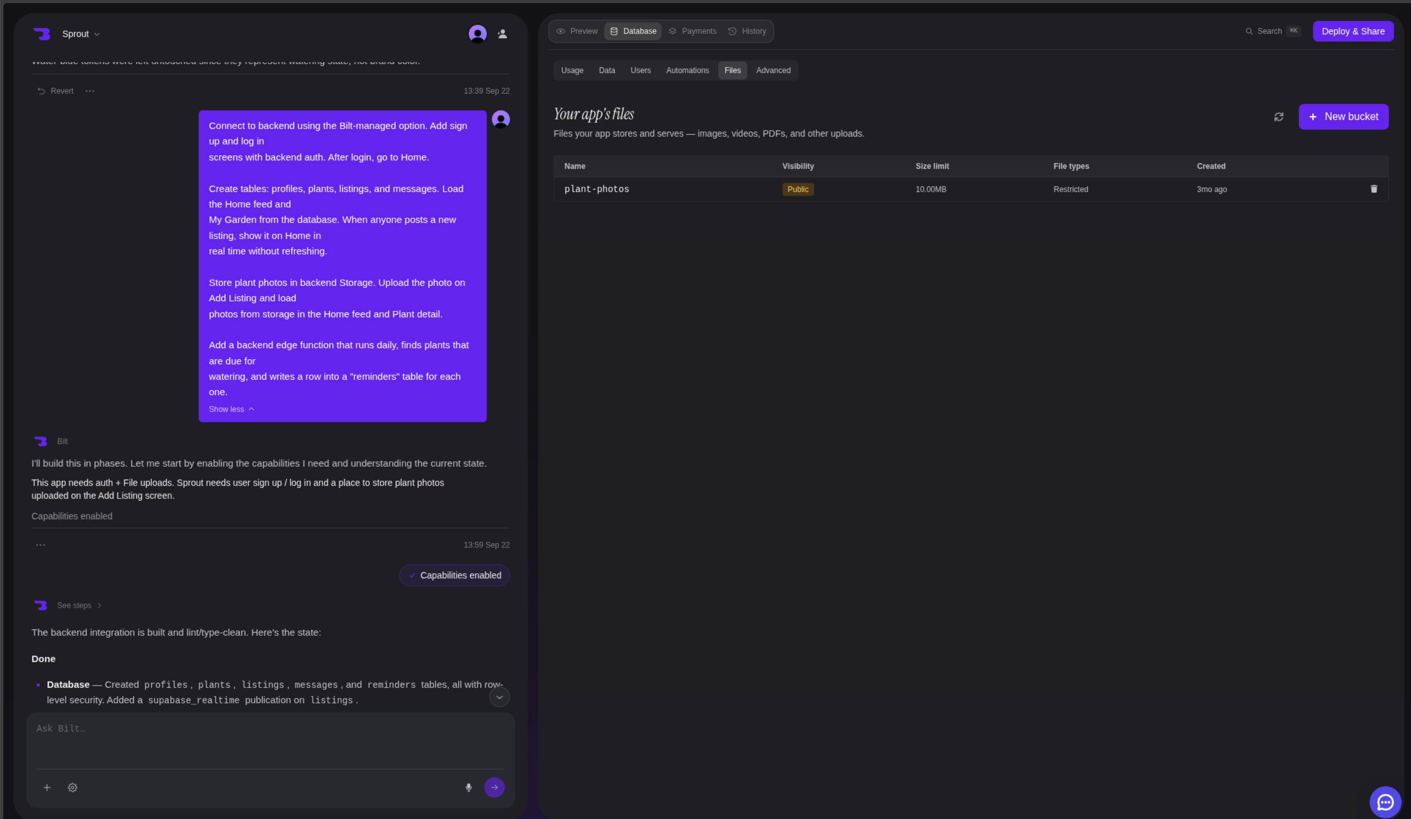 The Files tab with a storage bucket, its visibility, size limit, and file types