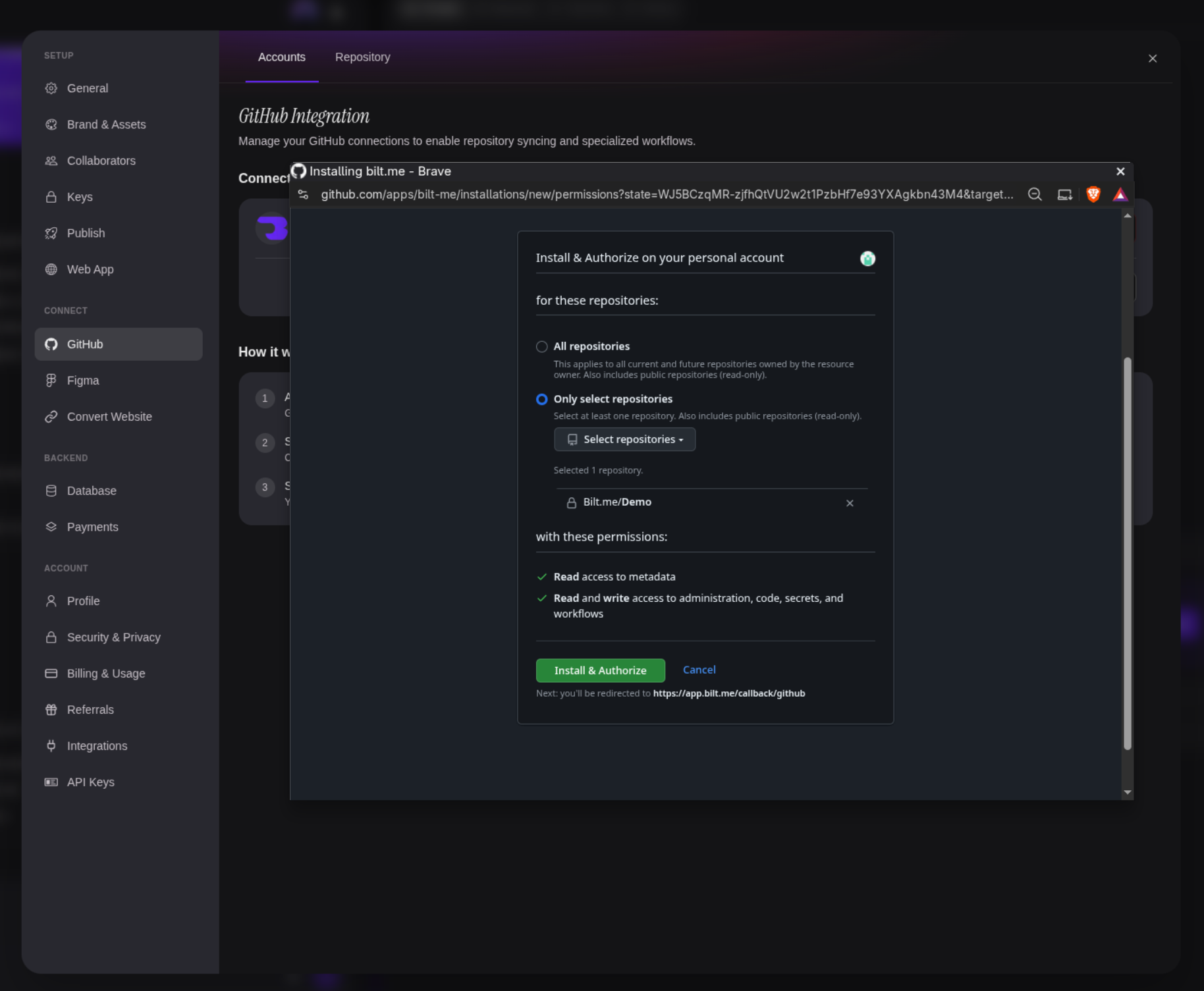 GitHub's Install & Authorize page with repository access options