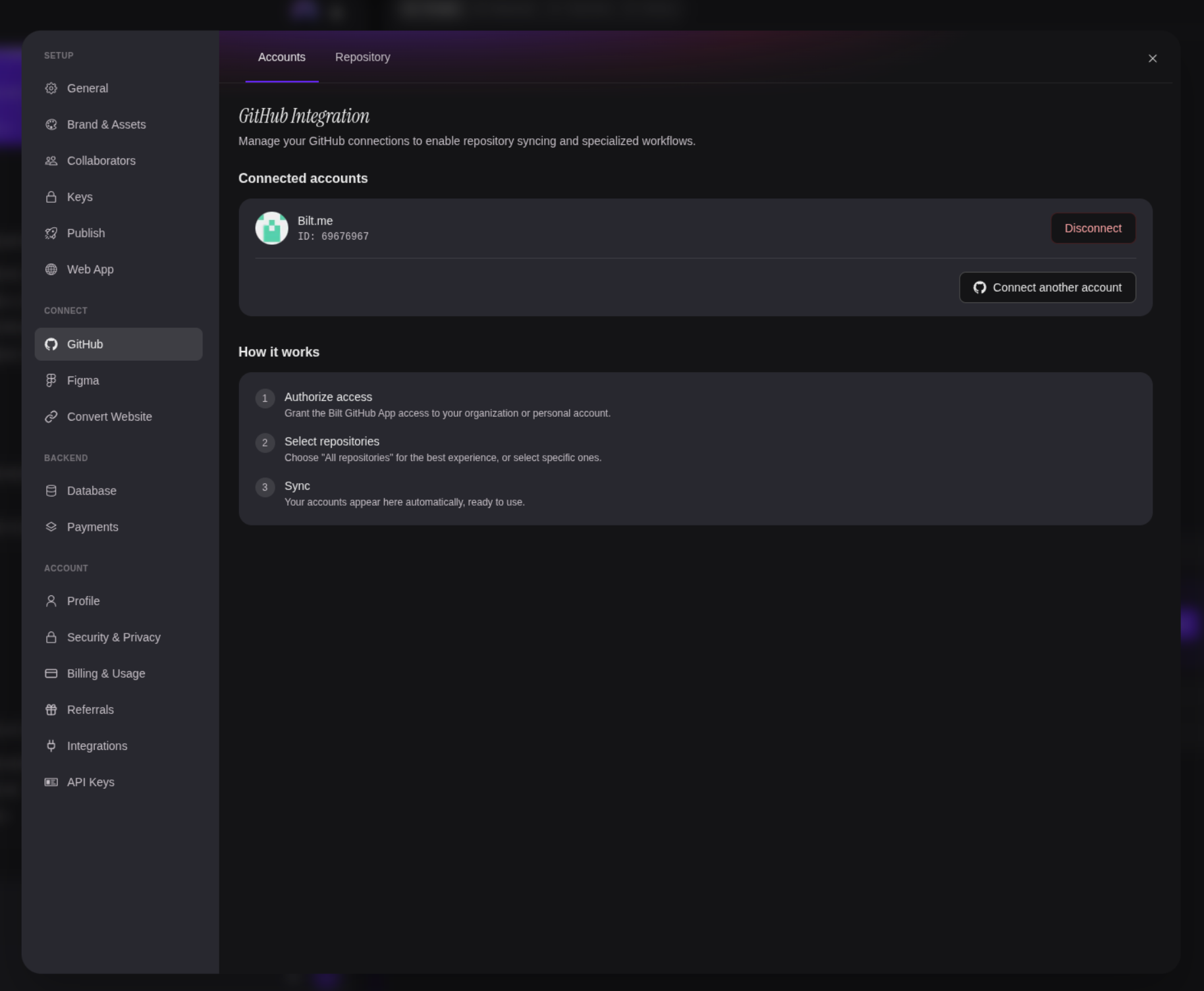 A connected GitHub account on the Accounts tab