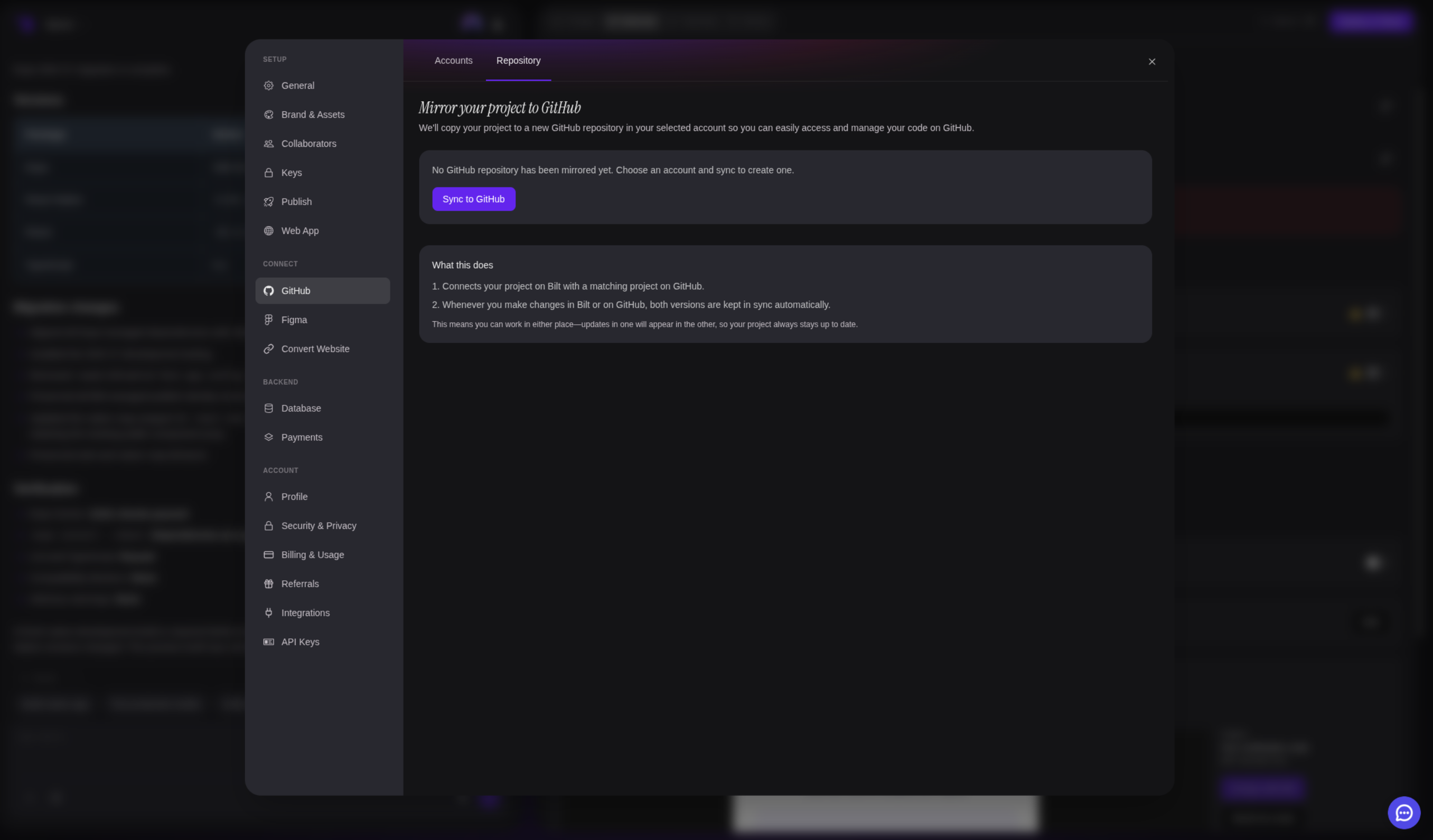 The Repository tab before the first sync, with the Sync to GitHub button