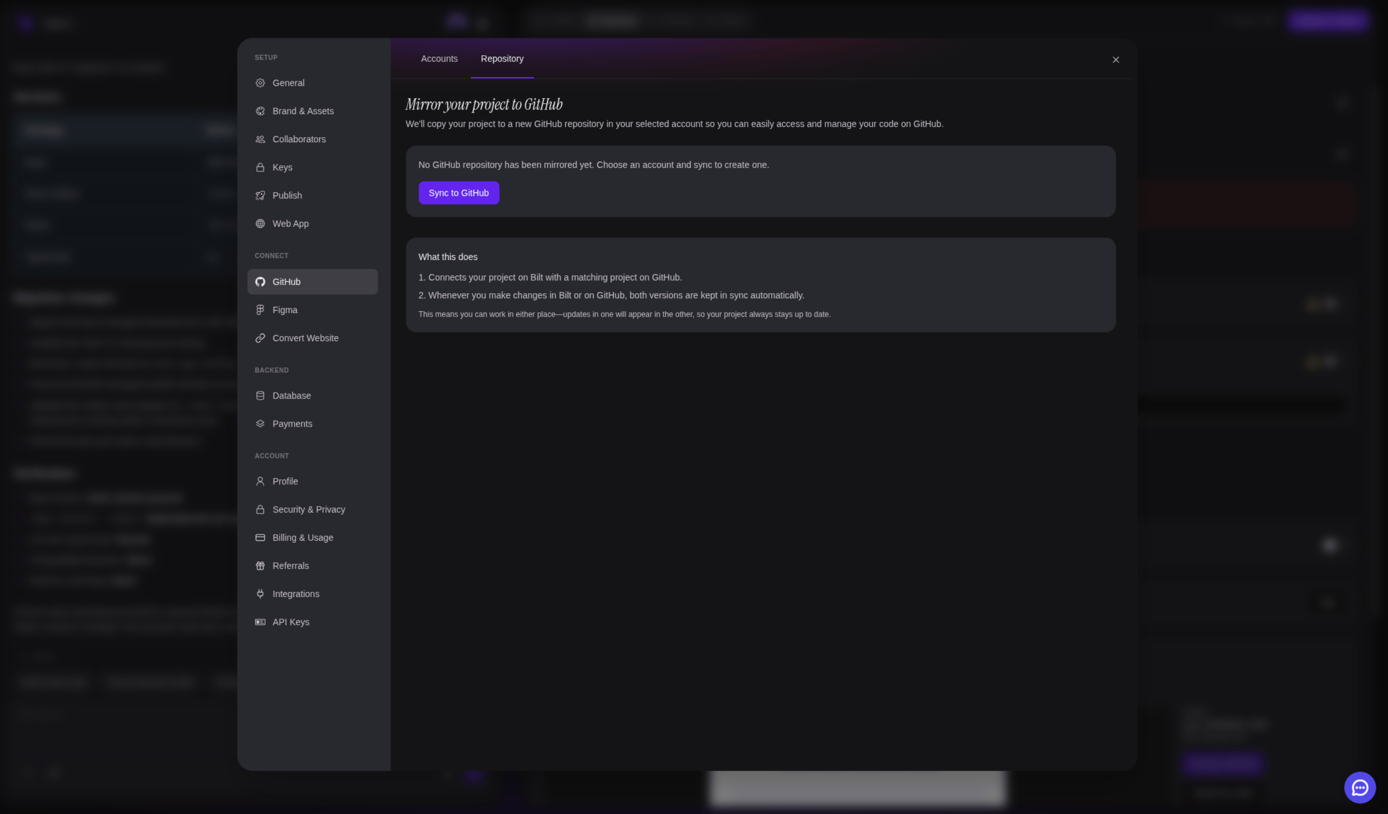 The Repository tab before the first sync, with the Sync to GitHub button
