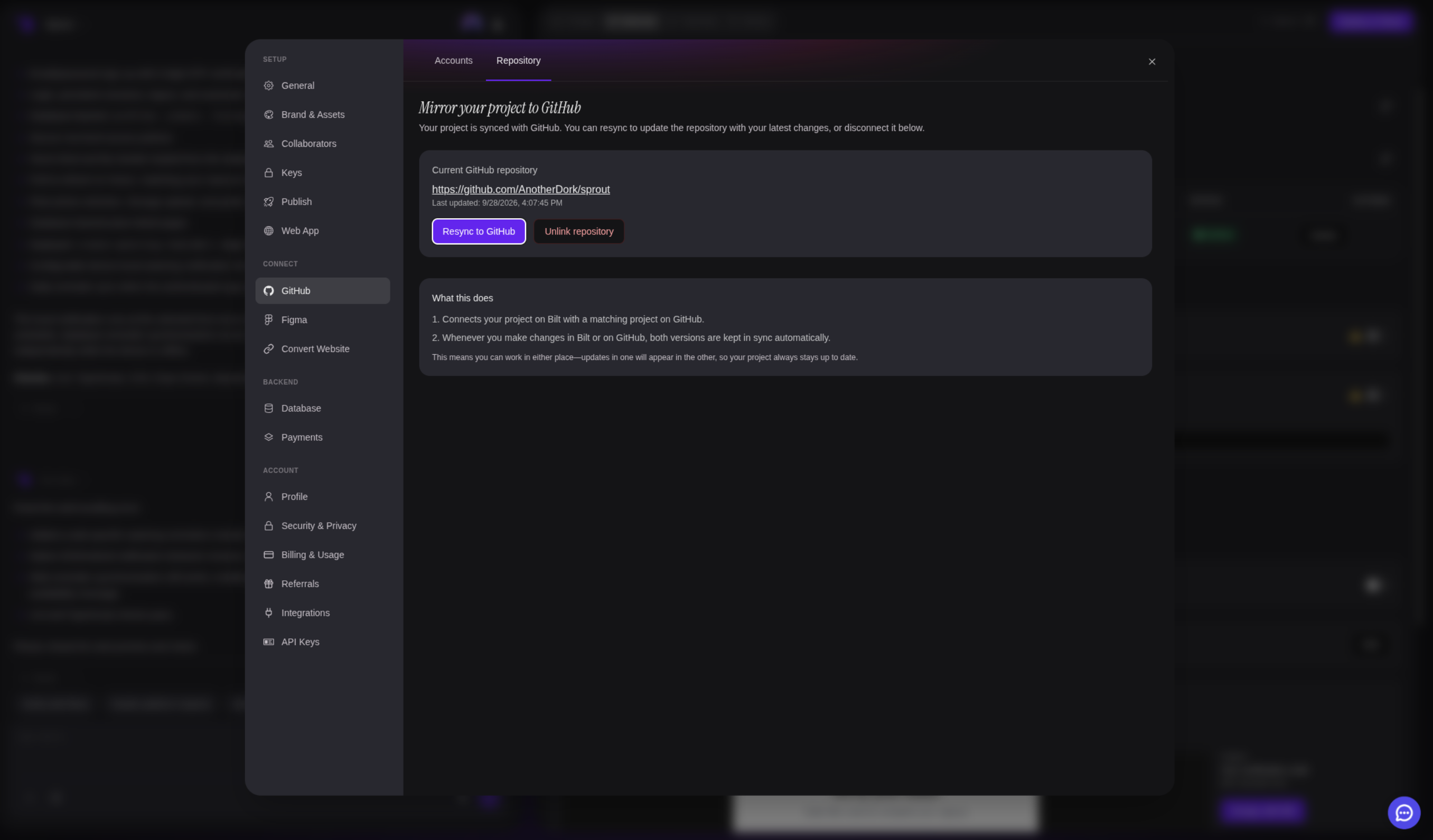 The Repository tab with a project synced to GitHub, showing the repository URL, Resync to GitHub, and Unlink repository