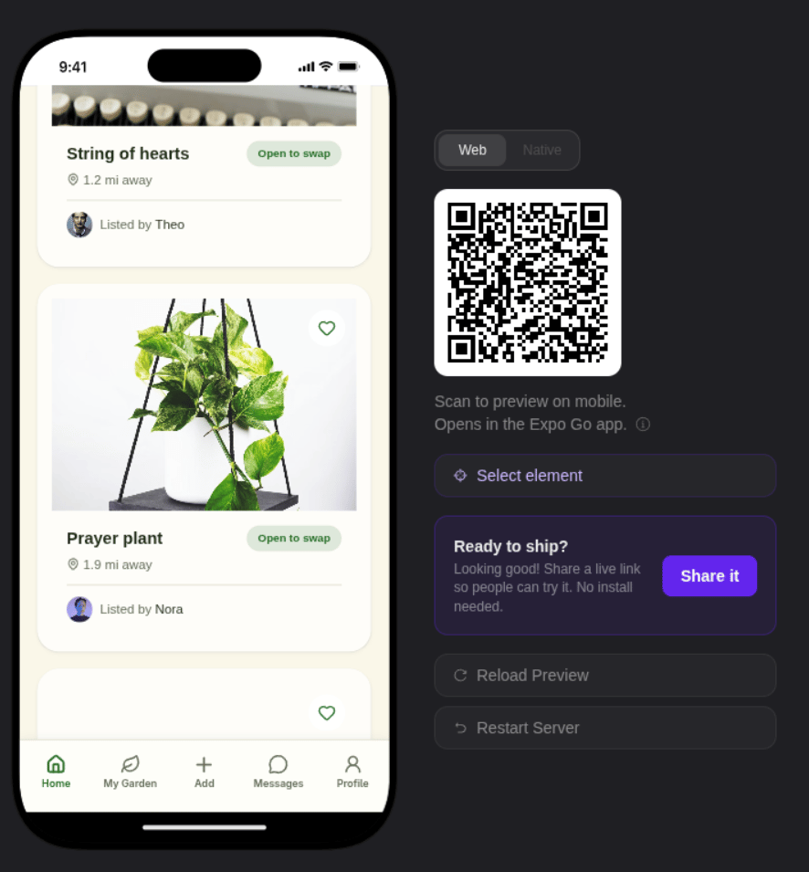 The preview panel: phone frame, Expo Go QR code, server status, and Reload Preview / Restart Server buttons