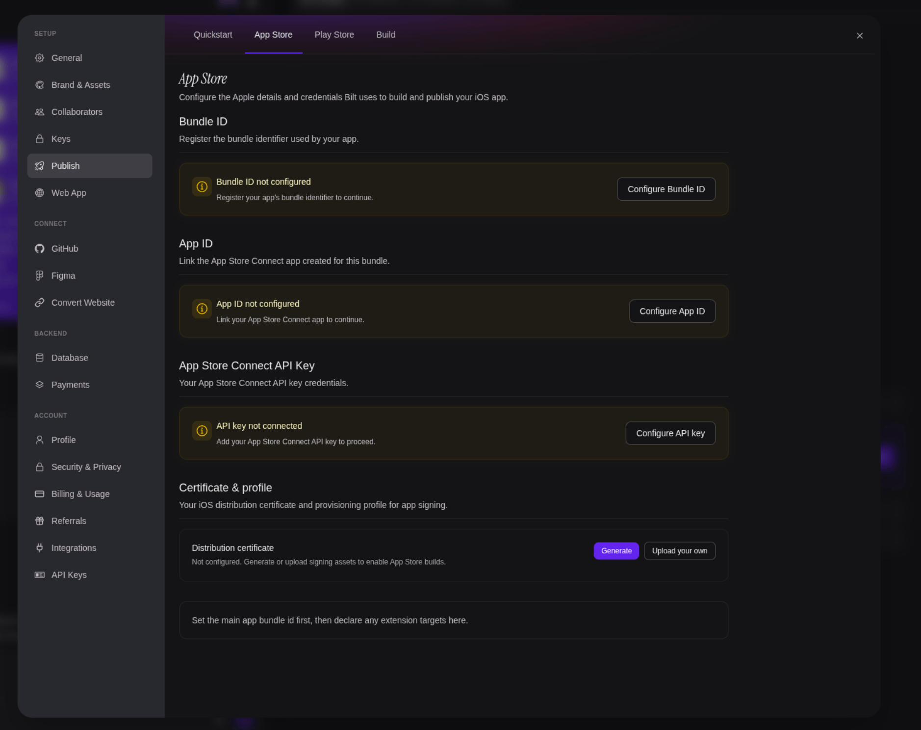 The App Store subtab with its Bundle ID, App ID, App Store Connect API Key, and Certificate & profile sections