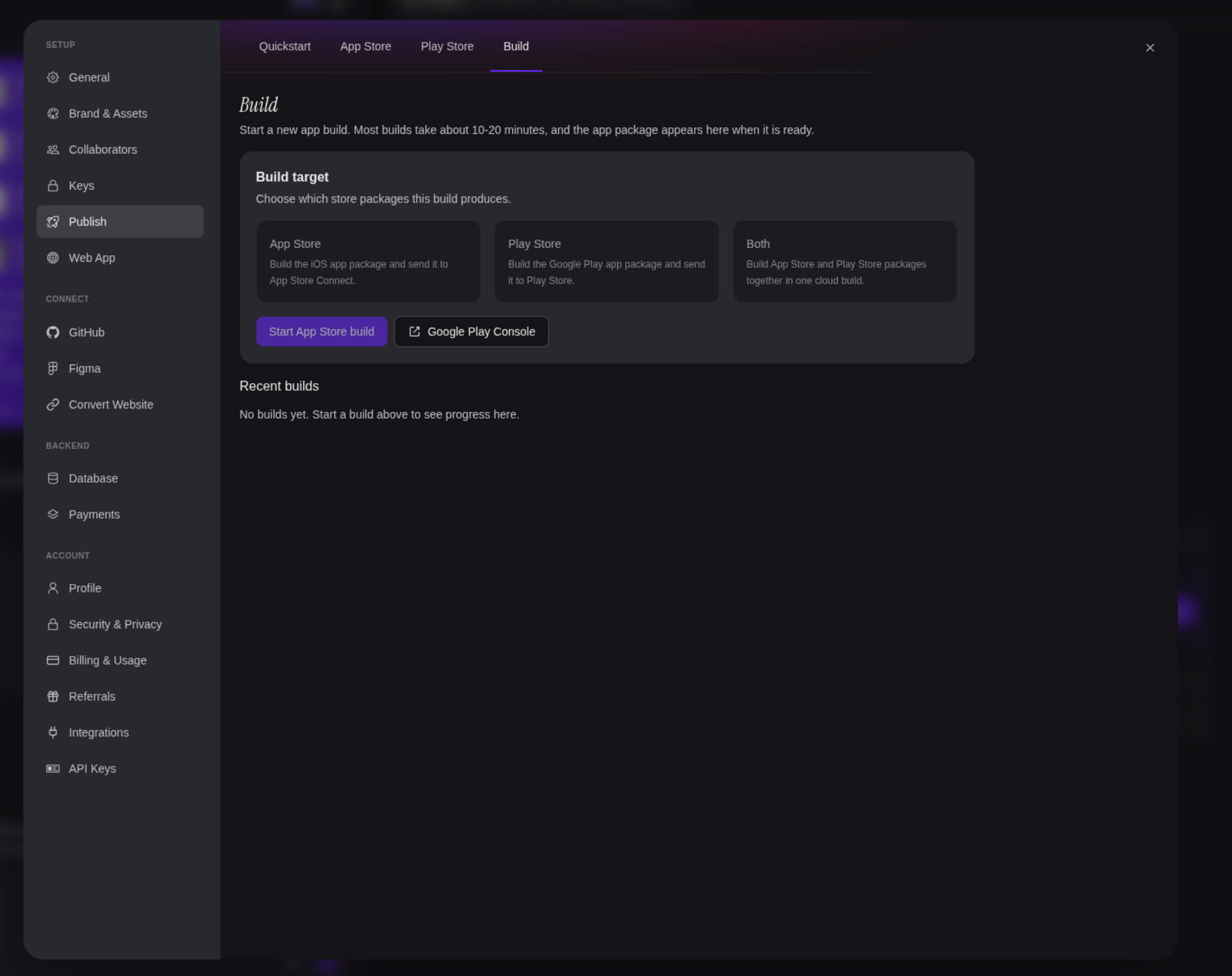 The Build subtab with App Store, Play Store, and Both as build targets, above Recent builds