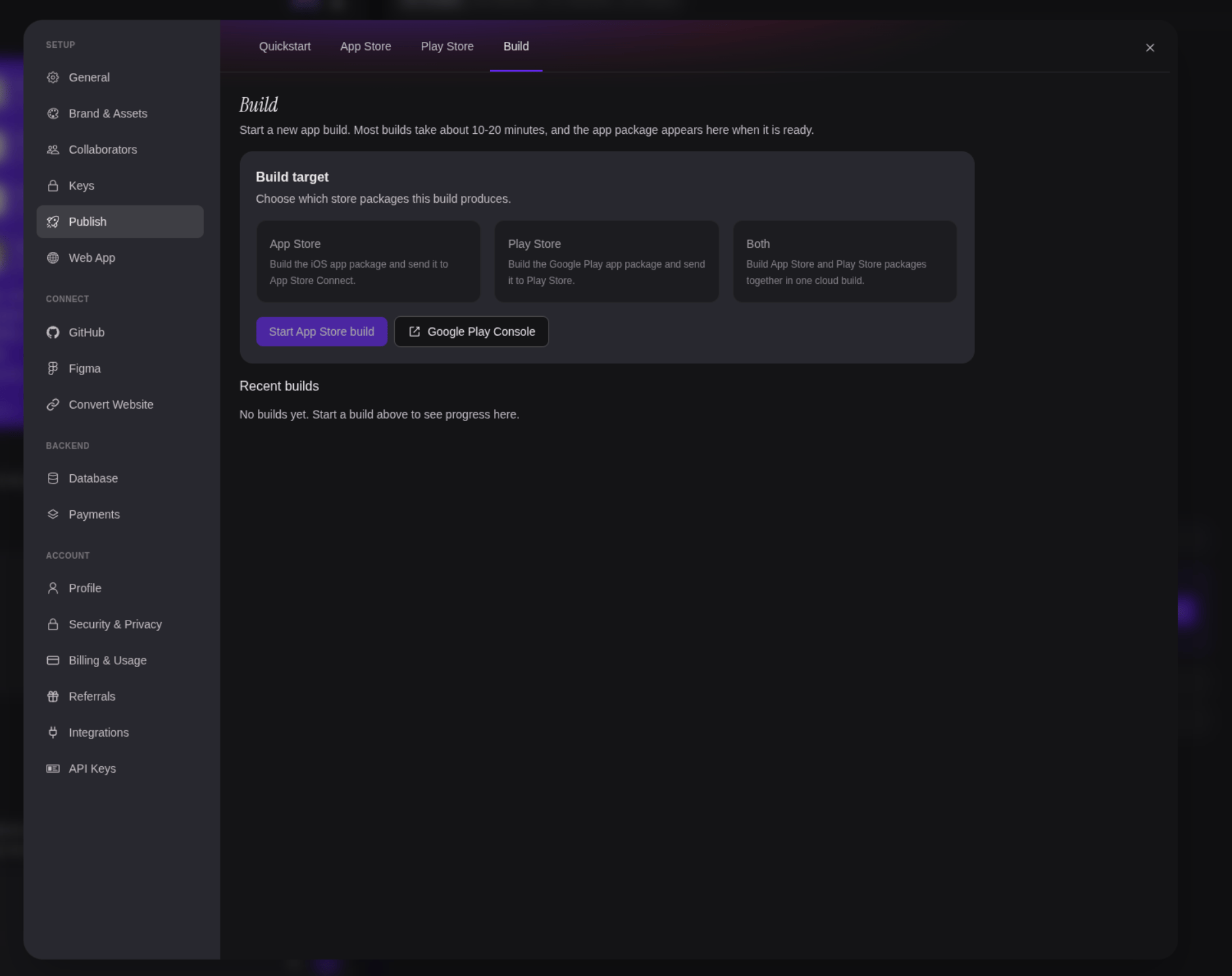 The Build subtab with App Store, Play Store, and Both as build targets, above Recent builds