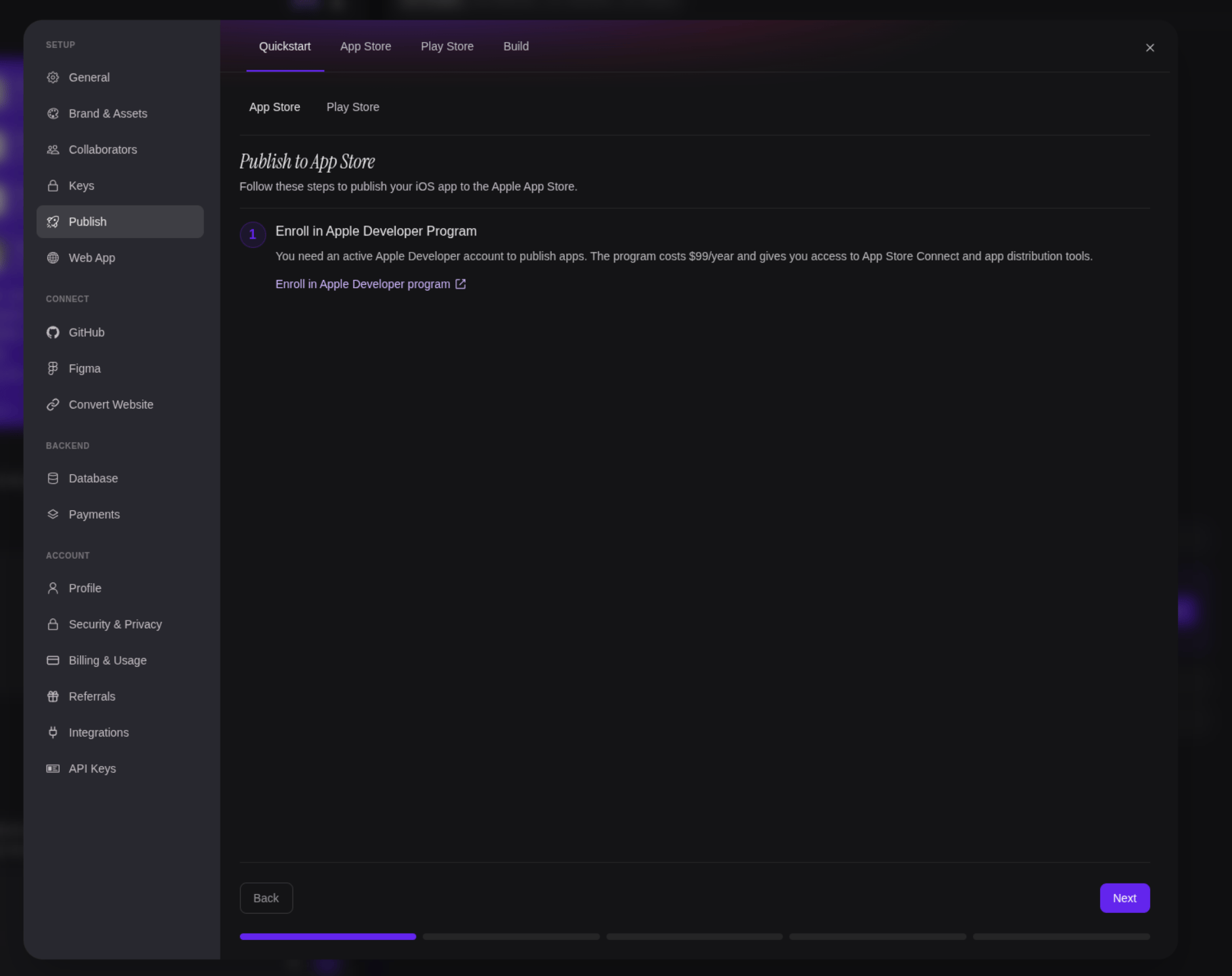 The Quickstart subtab under Settings → Publish, walking through Apple Developer Program enrollment