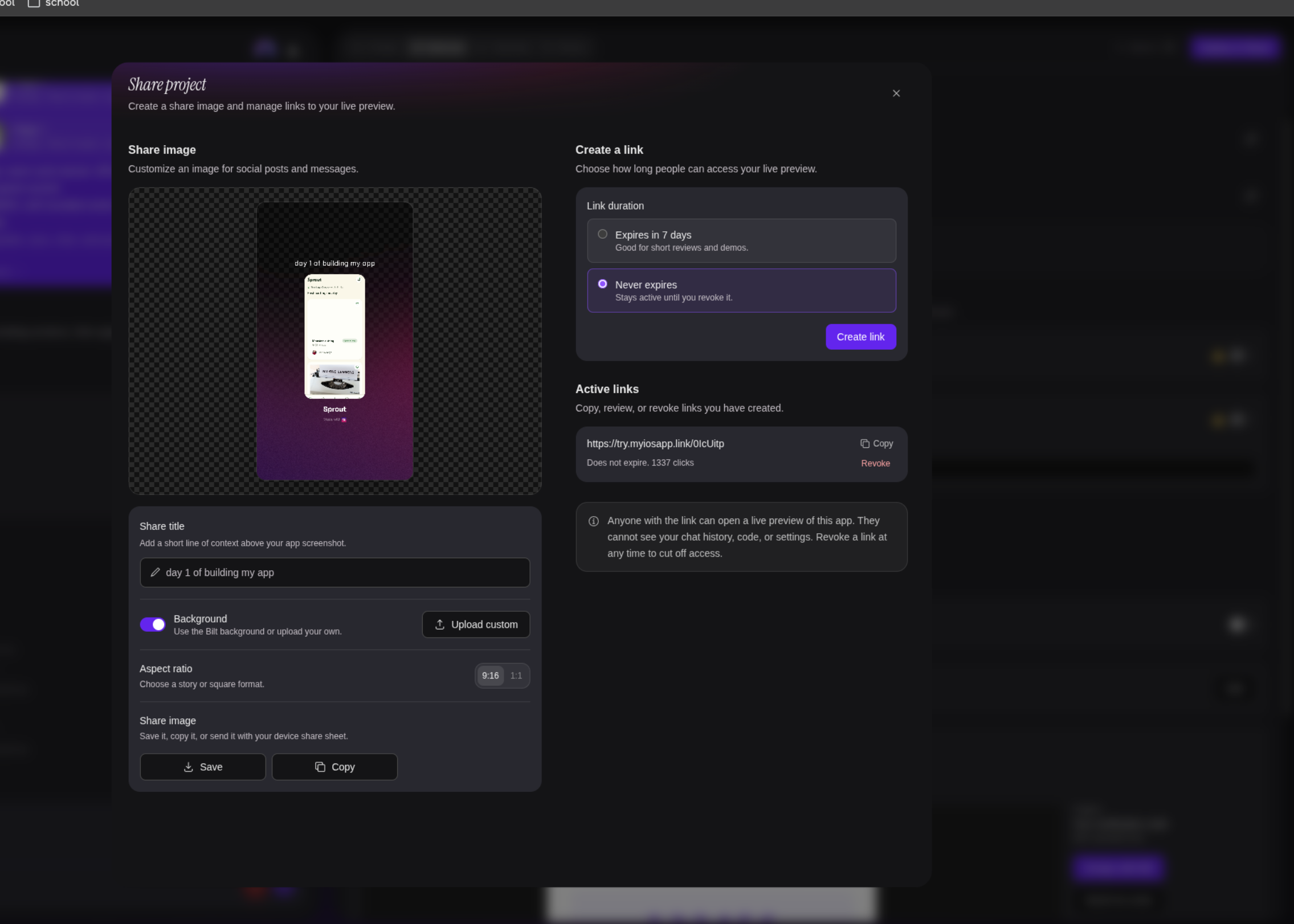 The Share project dialog: share image options, link duration, and an active link with its copy button, click count, and Revoke